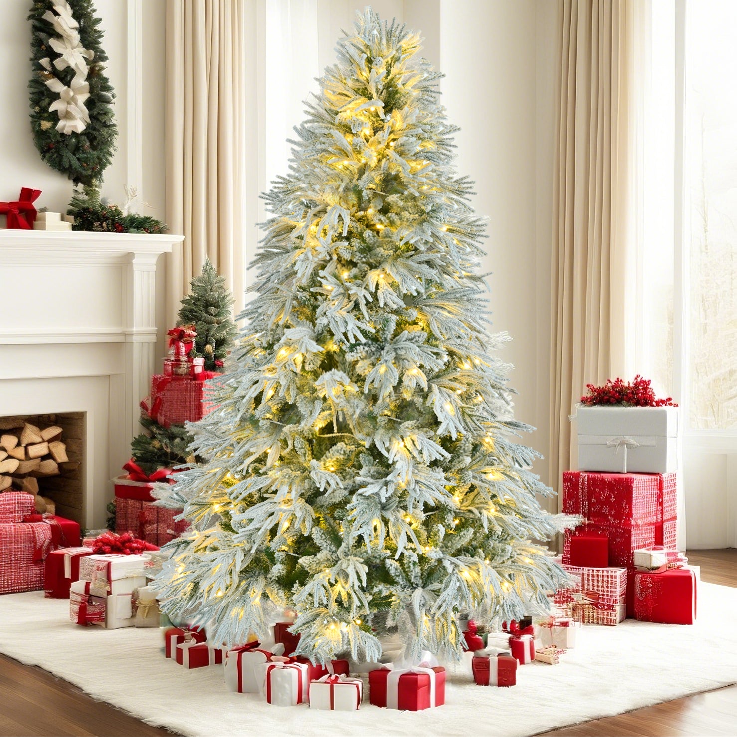 koorbiir ar1 6FT Pre-Lit Artificial Snow Flocked Christmas Tree, Hinged Xmas Tree with 300 Multi-Color LED Lights, 8 Flashing Modes & 790 Snow Branch Tips for Holiday Home & Office D¨¦cor