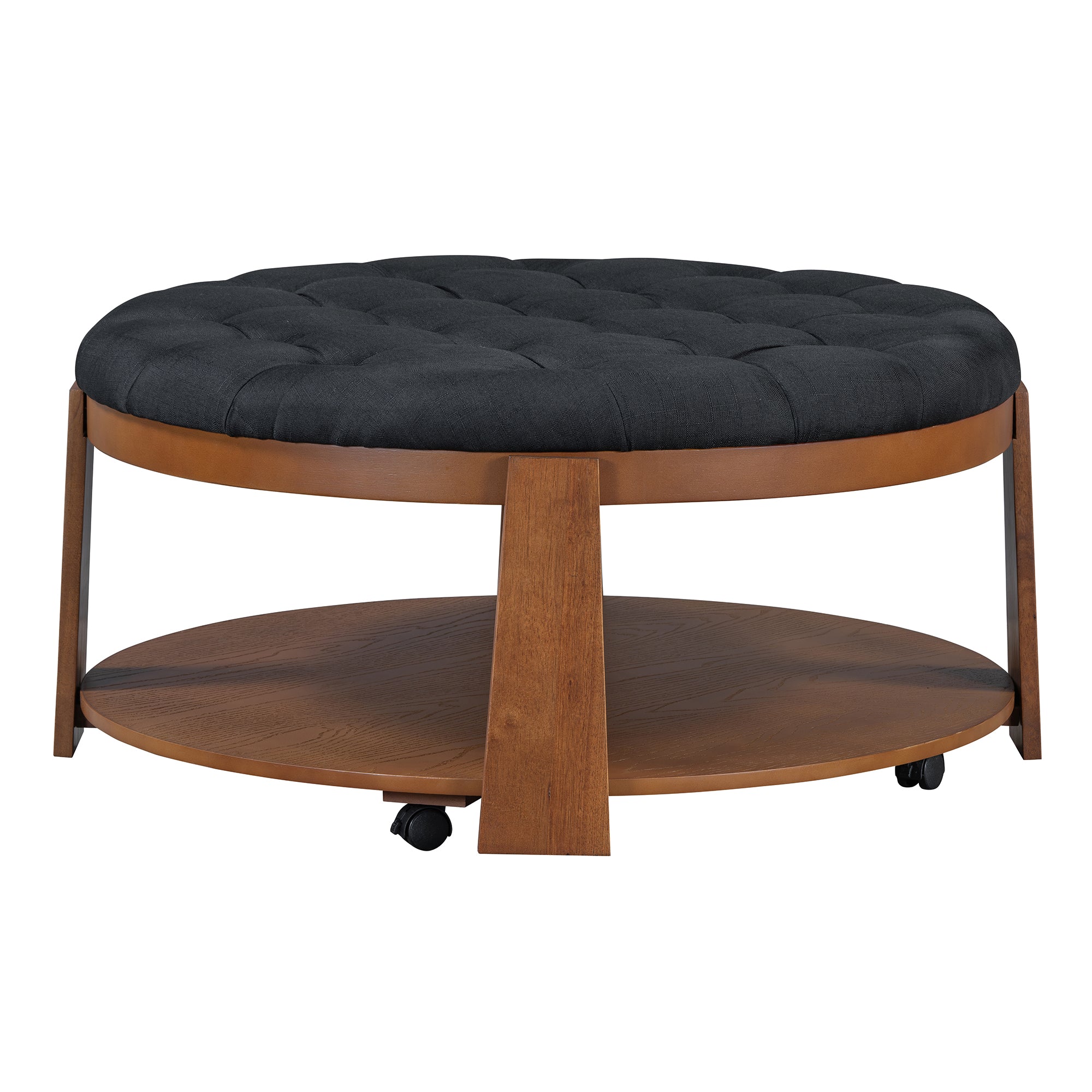 koorbiir ta1 Modern Large Round Ottoman Coffee Table with 2-Tier Wood Shelf Storage ¨C Oversized Button Tufted Upholstered Footrest Ottoman on Wheels, Waterproof Table Linens for Living Room