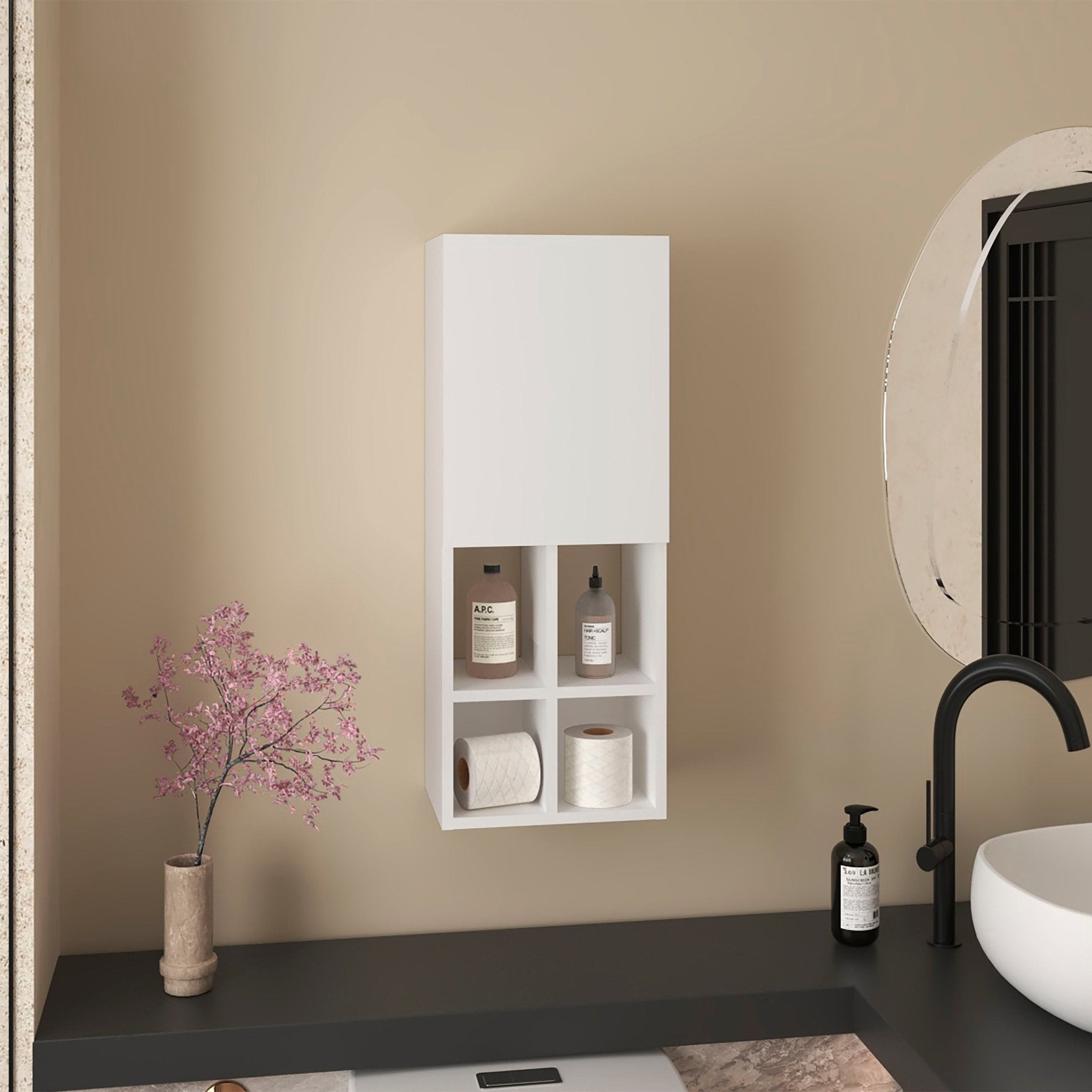 koorbiir ba8 Niwot Wall - Mounted Bathroom Cabinet ¨C Single Door Organizer for Toiletries, Towels, and Bathroom Organization, White - Koorbiir