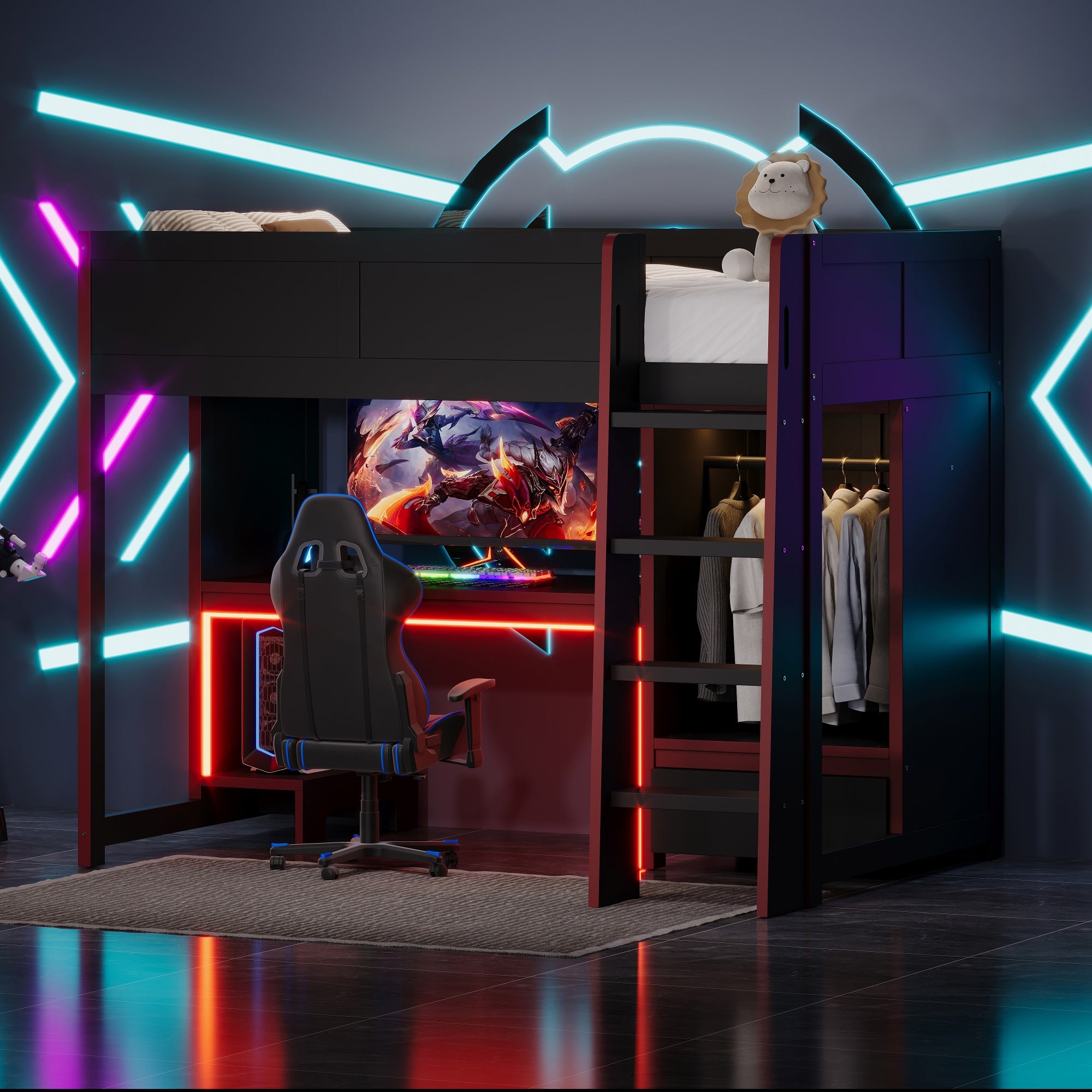 koorbiir G1 Wood Full-Size Gaming Loft Bed with Built-In Gaming Desk, Wardrobe, LED Lighting & Drawer ¨C Black