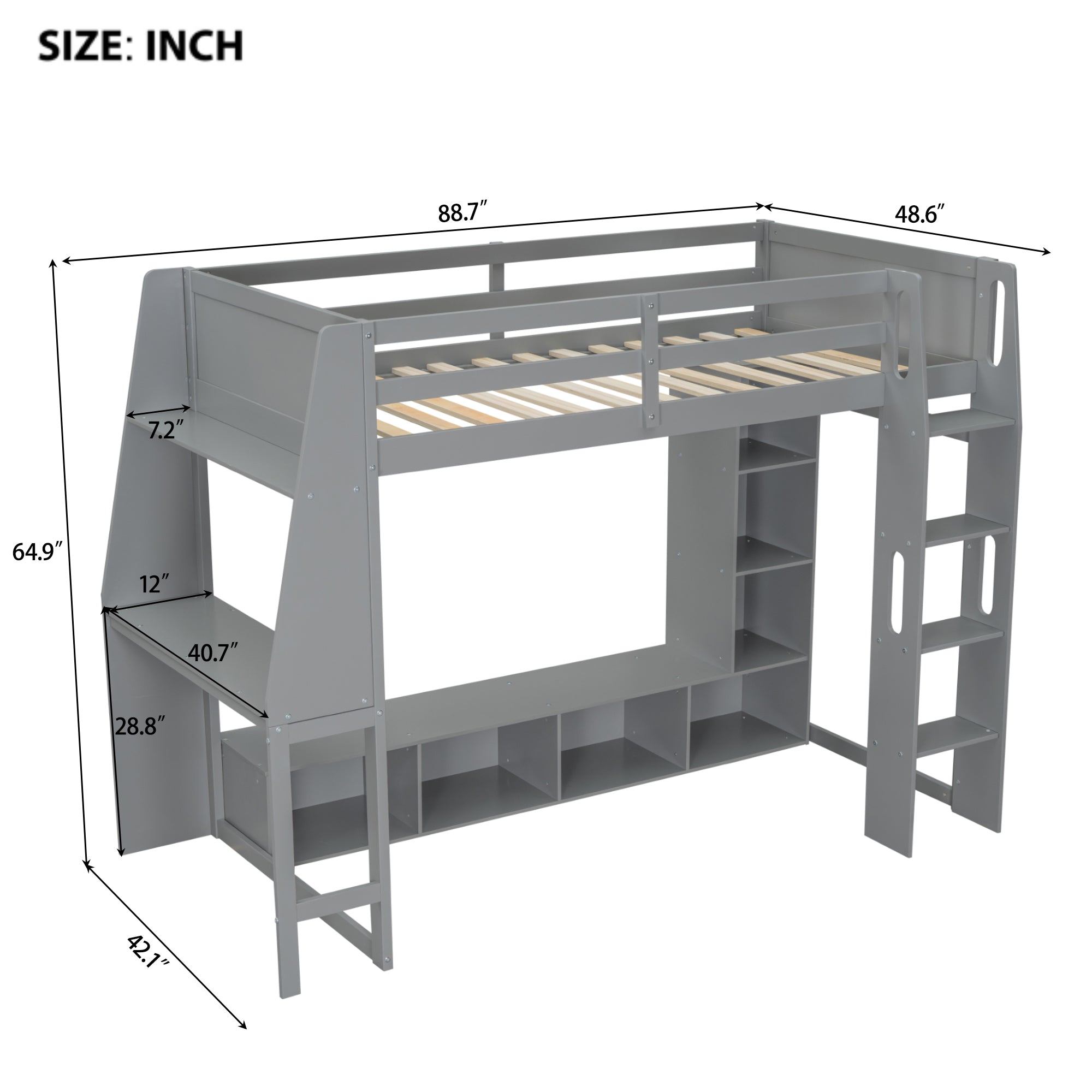 koorbiir G4 Wood Full Size Gaming Loft Bed with Built-In Gaming Desk, Multi-Storage Shelves, LED & Hanging Clothes Rack ¨C Gray
