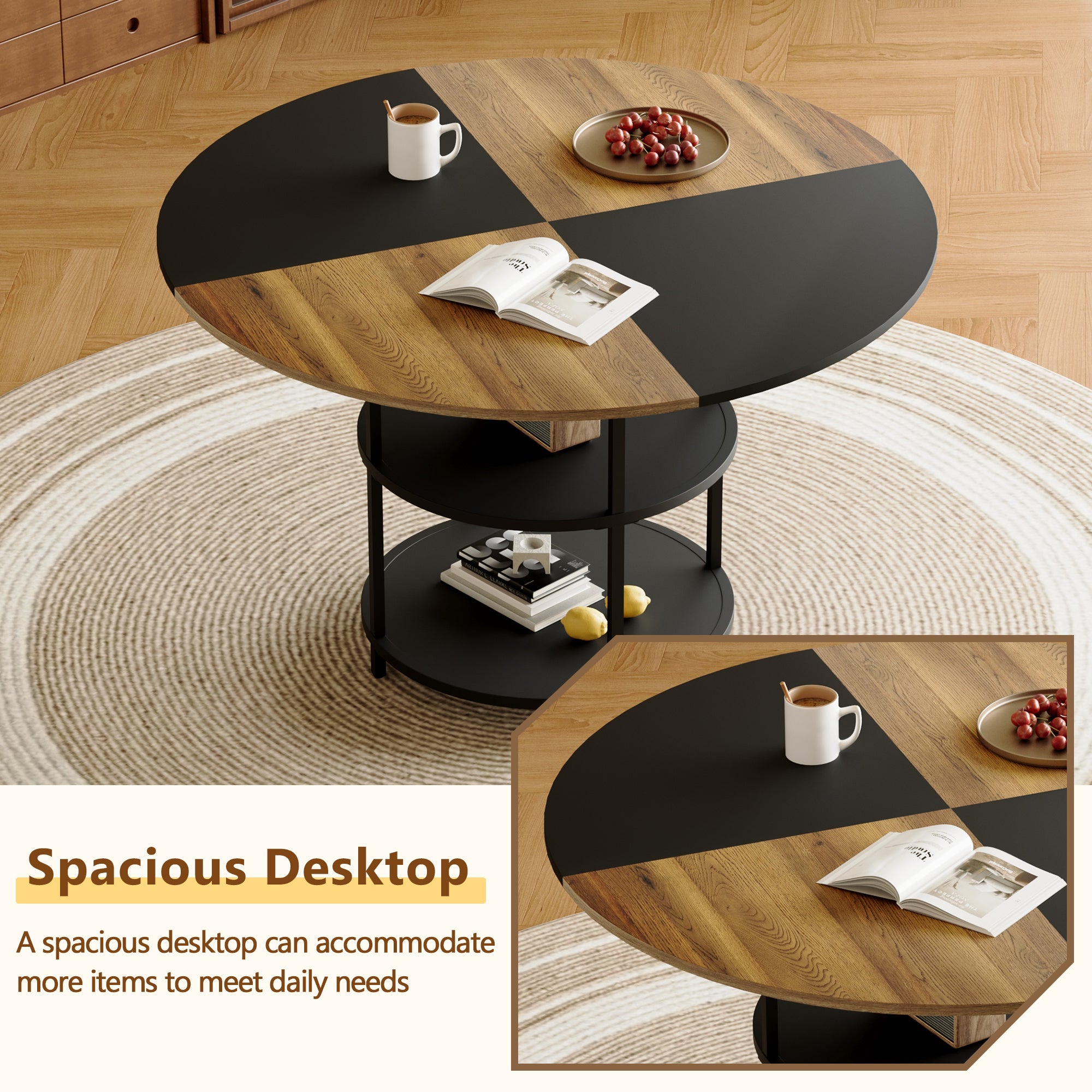 47.3" Modern Splicing Circular Dining Table with Double-Layer Storage ¨C 4 Black Linen-Cotton High-Resilience Chairs with Metal Legs, Table Linens Included
