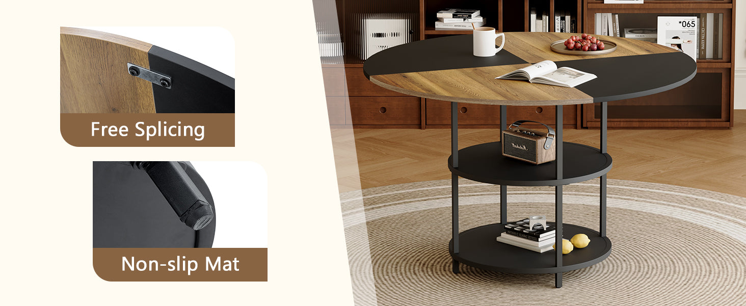 47.3" Modern Splicing Circular Dining Table with Double-Layer Storage ¨C 4 Black Linen-Cotton High-Resilience Chairs with Metal Legs, Table Linens Included