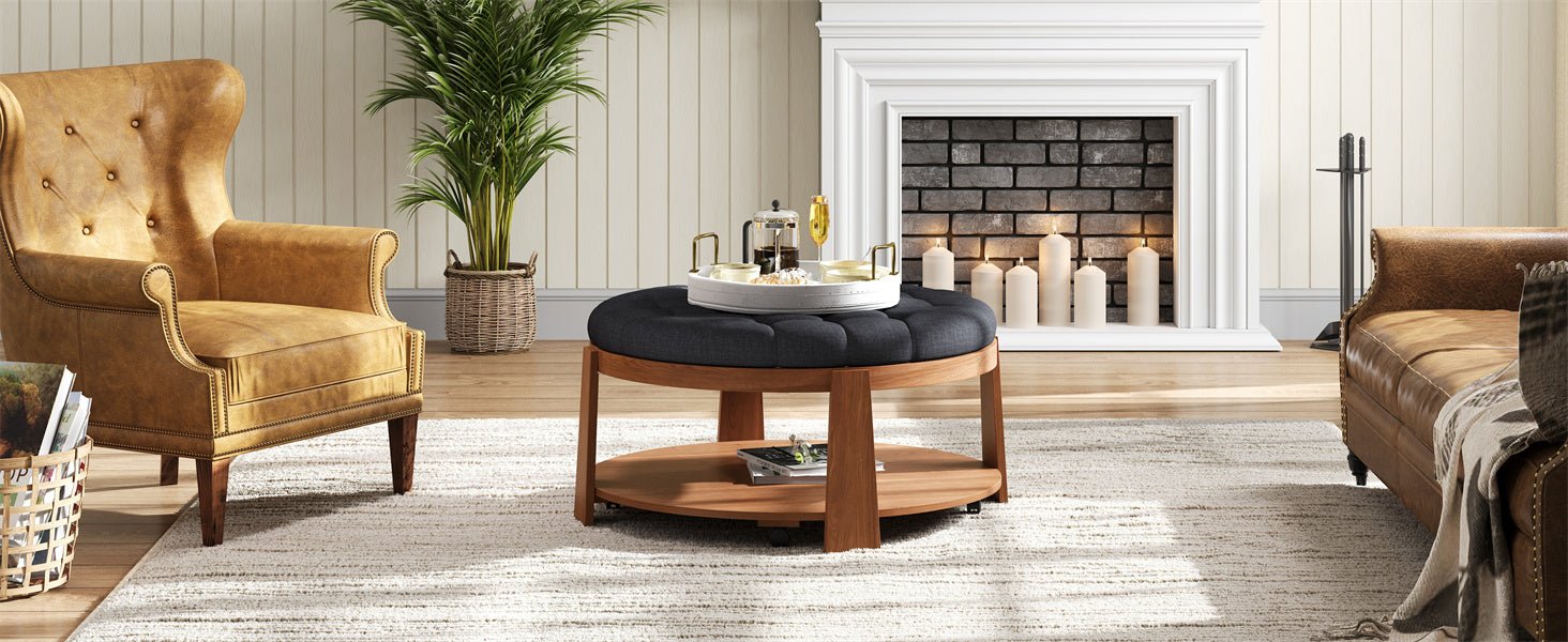 koorbiir ta1 Modern Large Round Ottoman Coffee Table with 2 - Tier Wood Shelf Storage ¨C Oversized Button Tufted Upholstered Footrest Ottoman on Wheels, Waterproof Table Linens for Living Room - Koorbiir