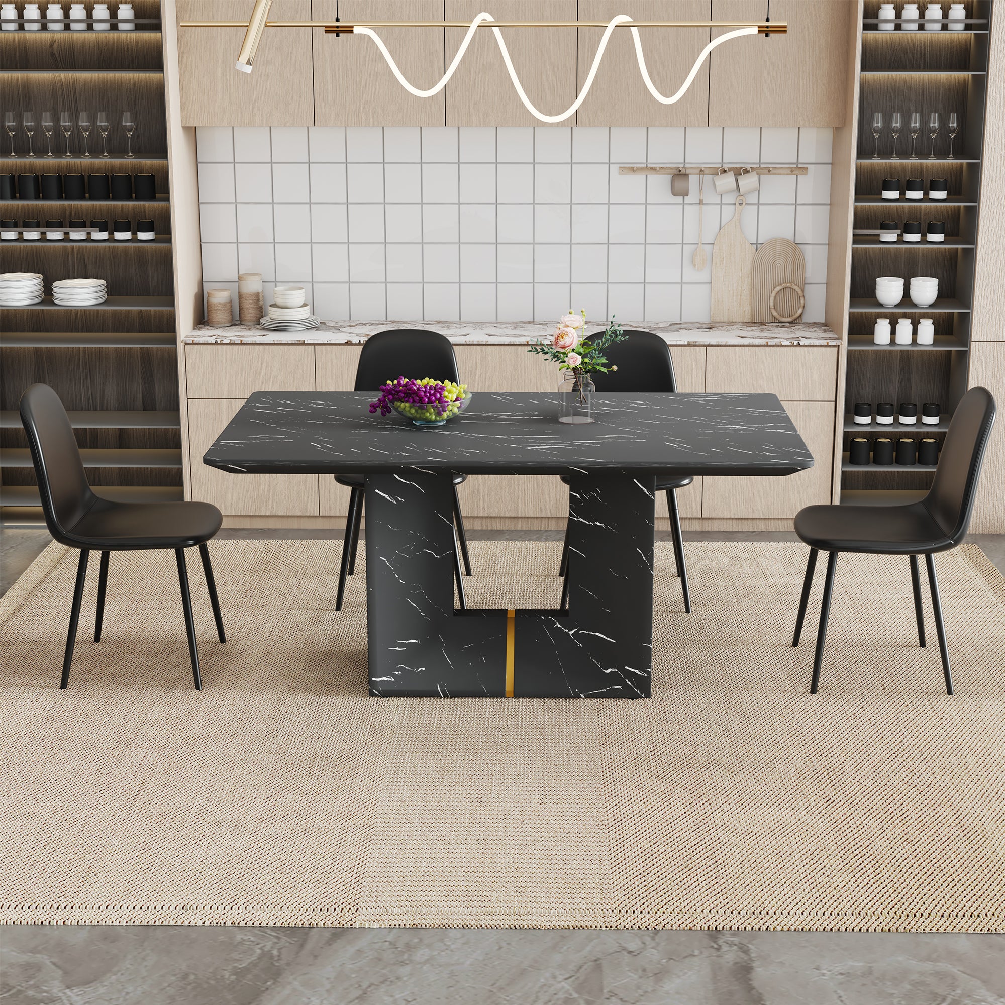 63" x 35.4" Black Marble Pattern Dining Table Set with 4 Dark Gray Linen Chairs ¨C Modern MDF Table with O-Shaped Legs, Metal Frame & Table Linens for Kitchen or Dining Room