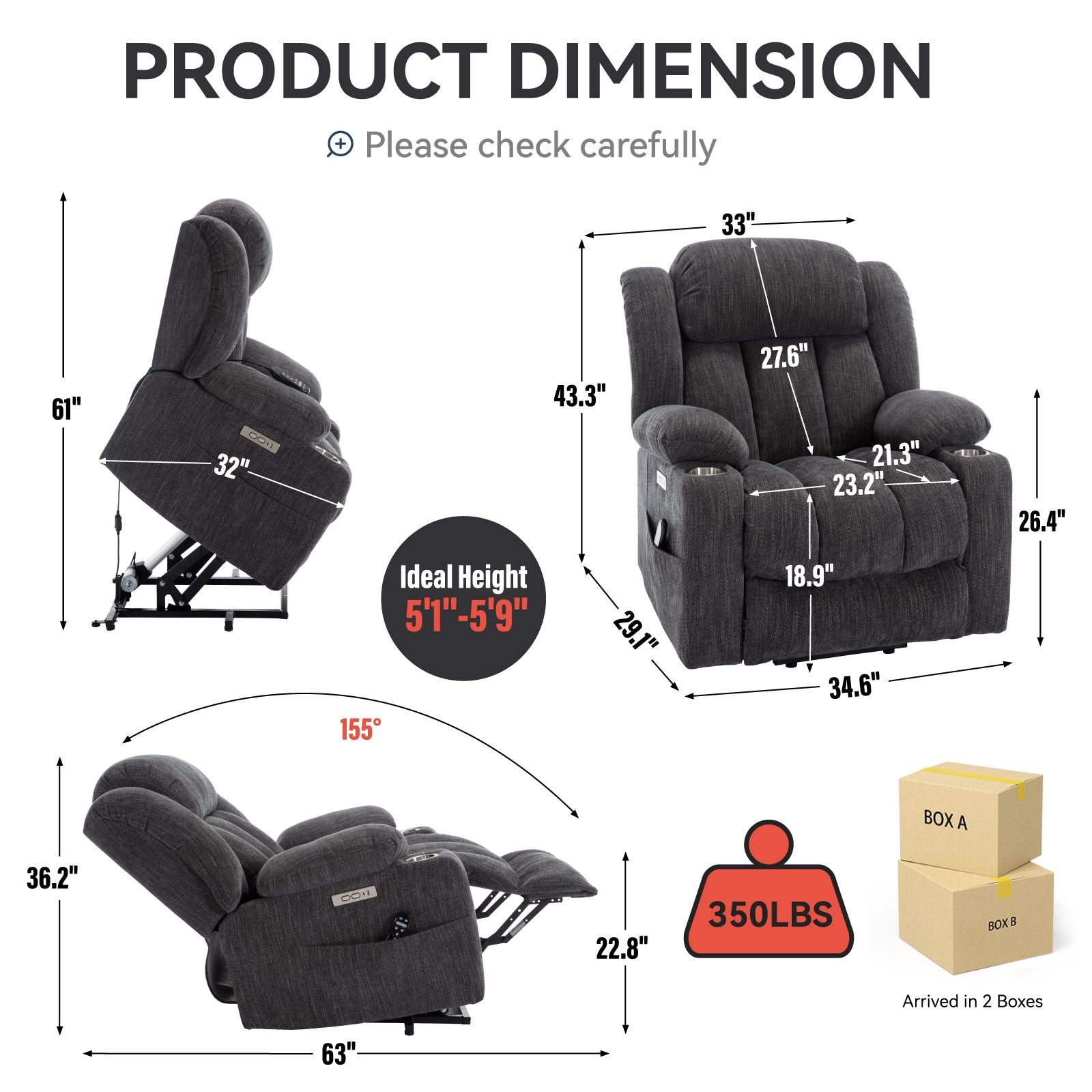 Up to 350 LBS Chenille Power Lift Massage Chair with 8-Point Vibration, Lumbar Heating, USB & Type-C Ports, Stainless Steel Cup Holders ¨C Blue