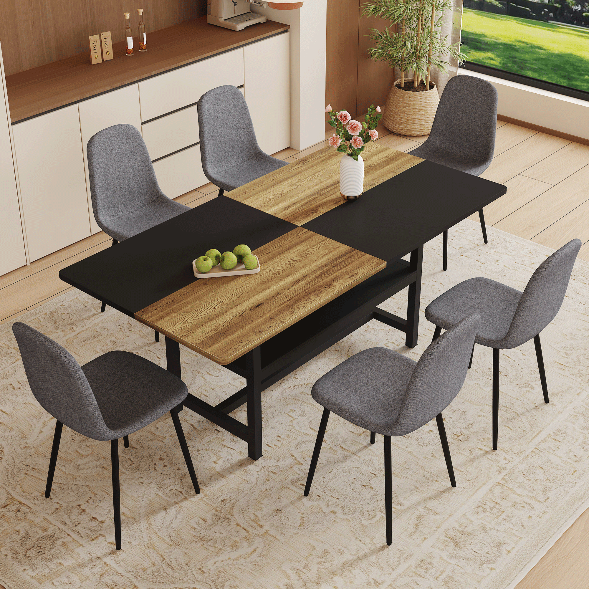 koorbiir ta3 71" x 35.4" Wooden & Black Spliced Dining Table with Middle Storage ¨C 6 Light Gray Linen Fabric Chairs, Sturdy Metal Frame, Table Linens Included