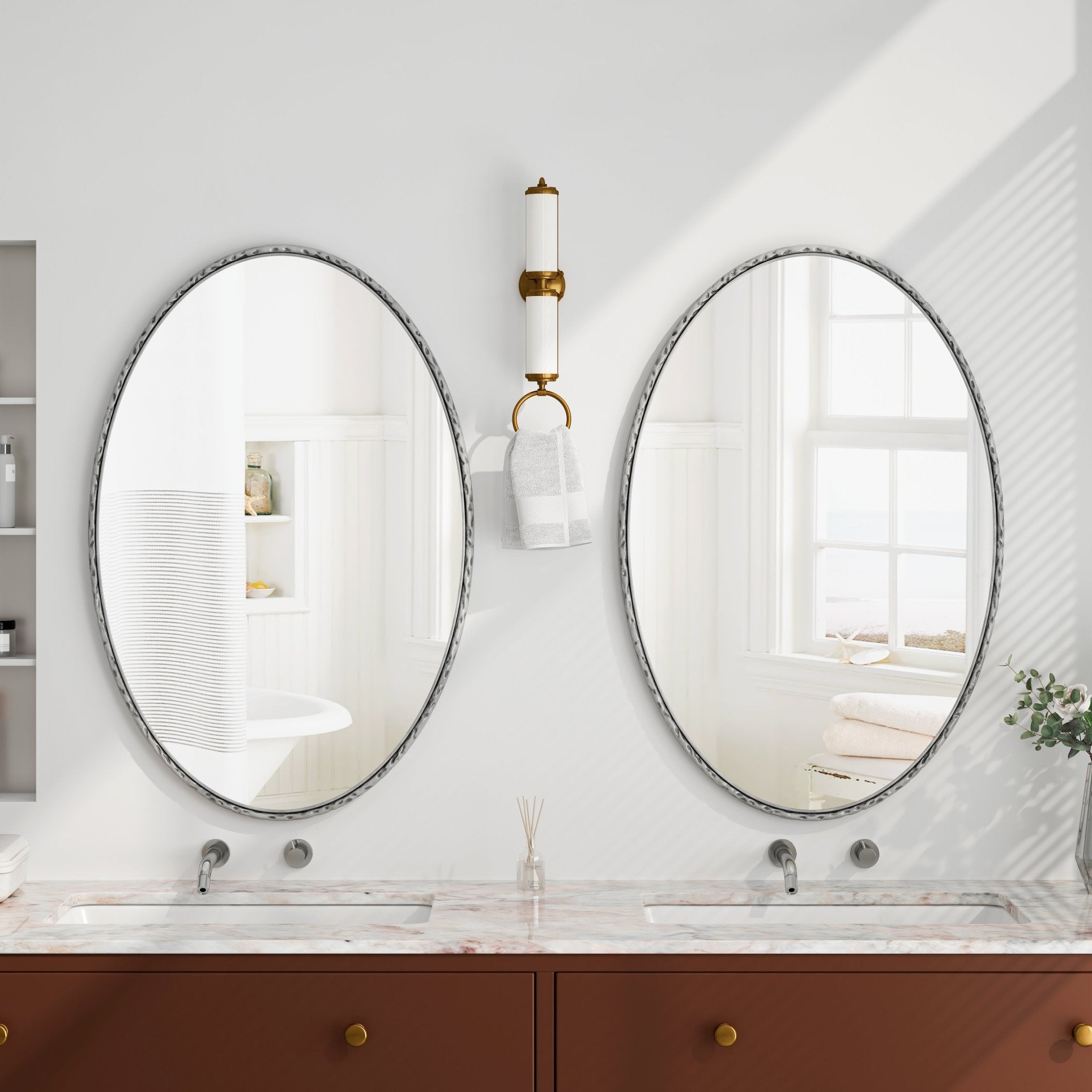 koorbiir w6 Iron Art Oval Retro Wall Mirror, Antique Silver Finish, Decorative Wall Hanging for Bathroom, Bedroom, Living Room - Koorbiir