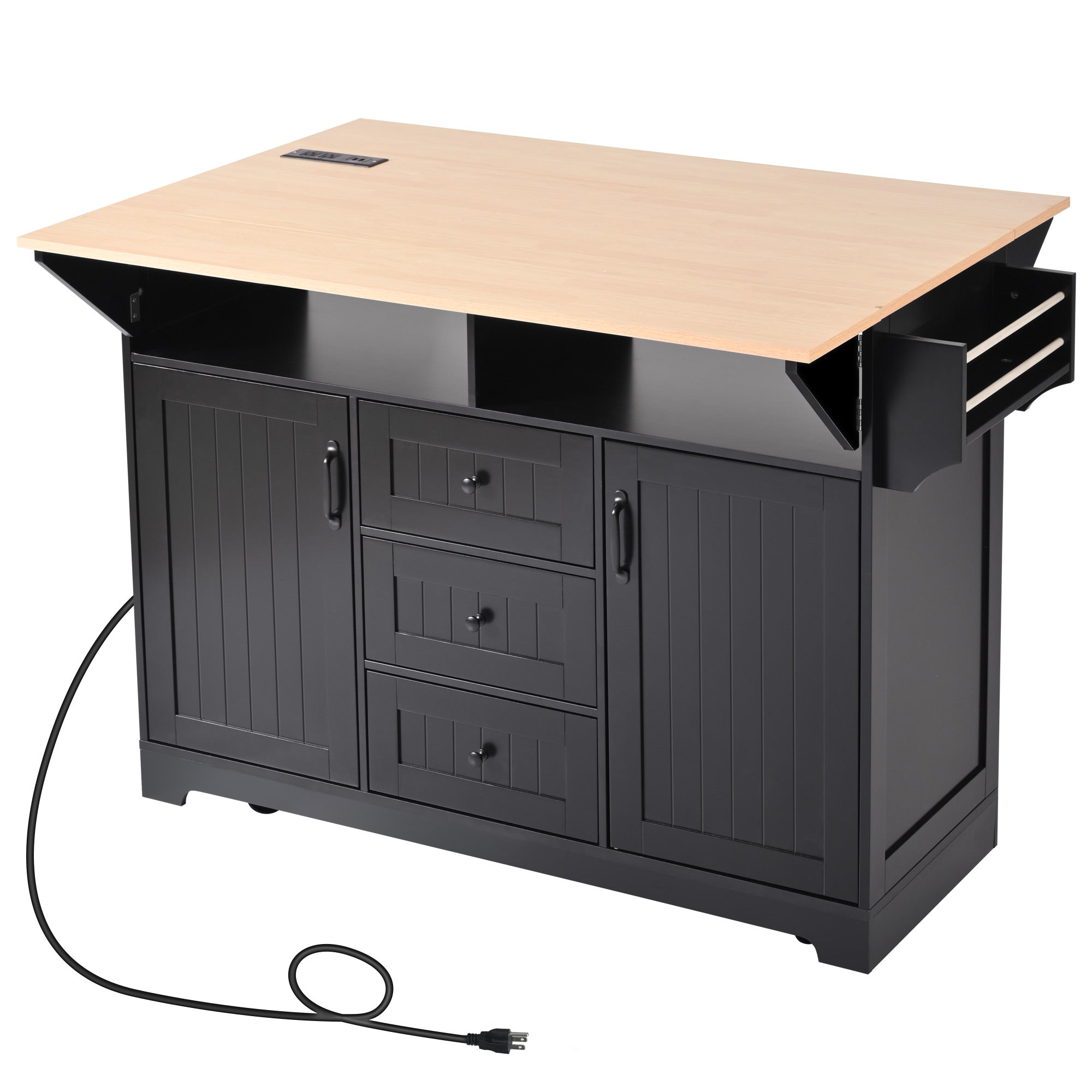 koorbiir k2 K&K 55.7" Large Kitchen Island with Storage, 2 Drop Leaves, Rolling Kitchen Cart with Power Outlet, Folding Dining Table, 3 Drawers & Spice/Towel Rack ¨C Mobile Kitchen Storage for Kitchen & Dining Room, Black
