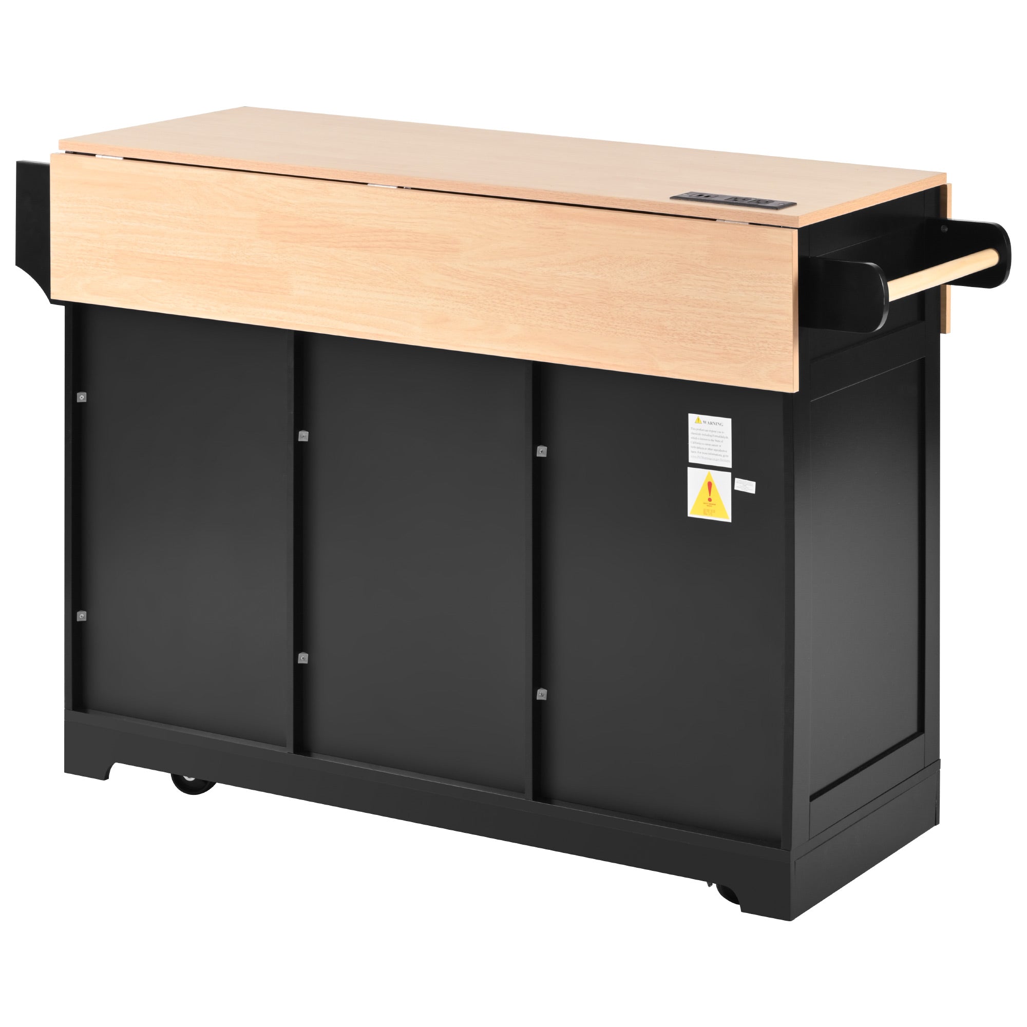 koorbiir k2 K&K 55.7" Large Kitchen Island with Storage, 2 Drop Leaves, Rolling Kitchen Cart with Power Outlet, Folding Dining Table, 3 Drawers & Spice/Towel Rack ¨C Mobile Kitchen Storage for Kitchen & Dining Room, Black