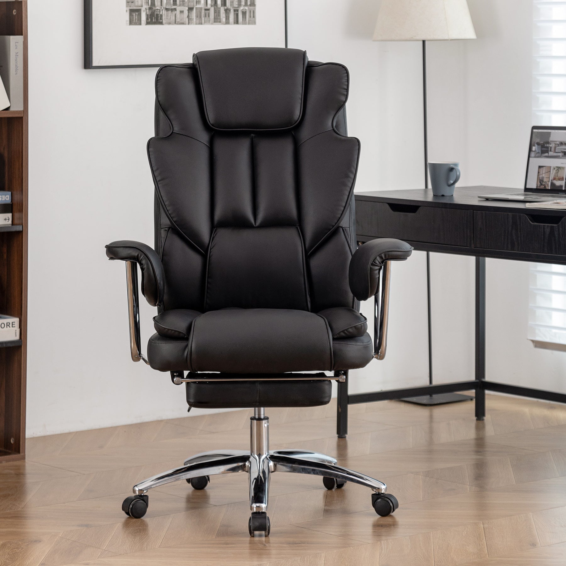 Office Chair, Big and Tall Executive Office Chair with Footrest, Leather Computer Chair, Ergonomic Reclining Chair High Back, Large Home Office Chair (Black) - Koorbiir
