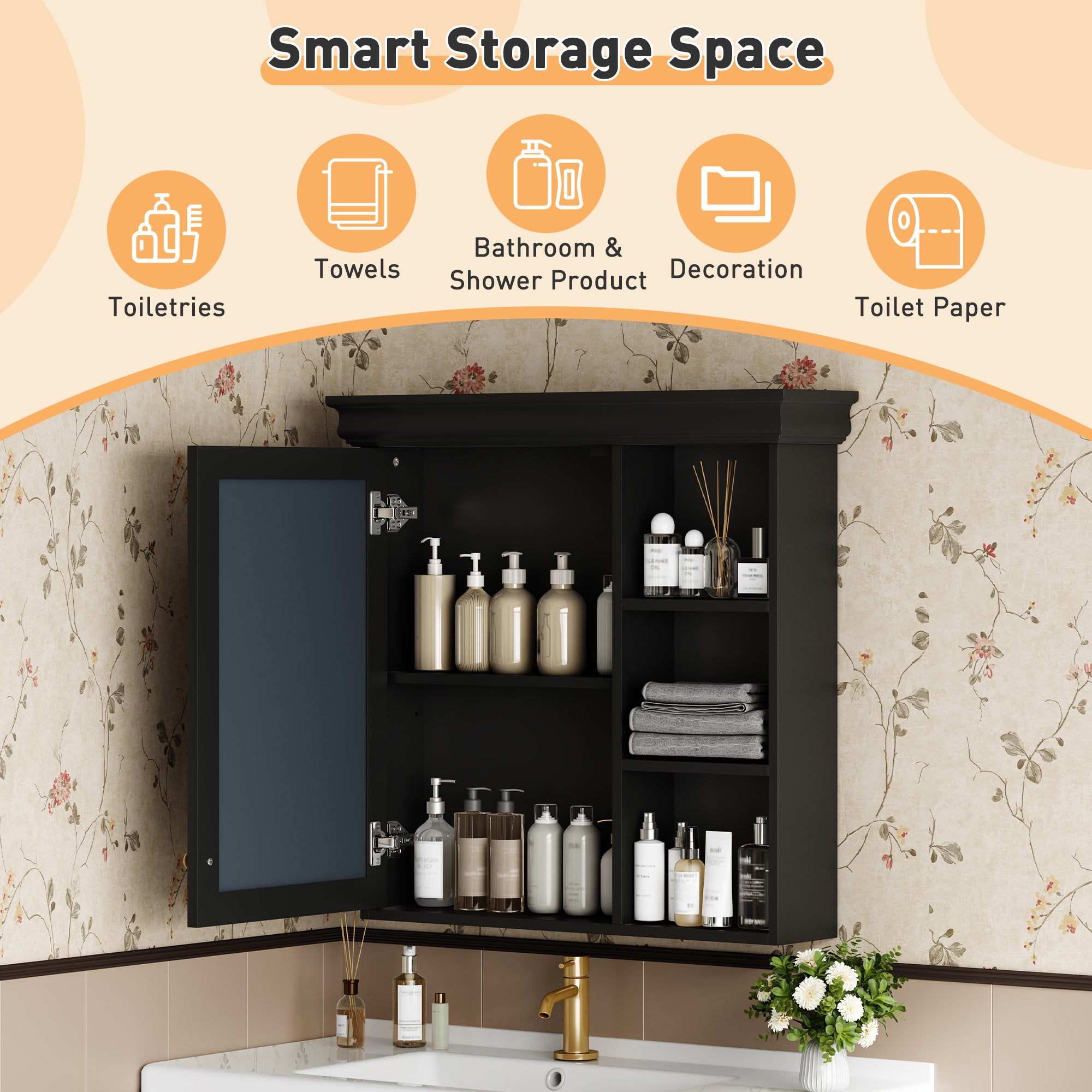 30'' x 28'' Wall-Mounted Bathroom Medicine Cabinet with Mirror ¨C Over Toilet Storage Organizer for Bathroom Organization, Black MDF Cabinet