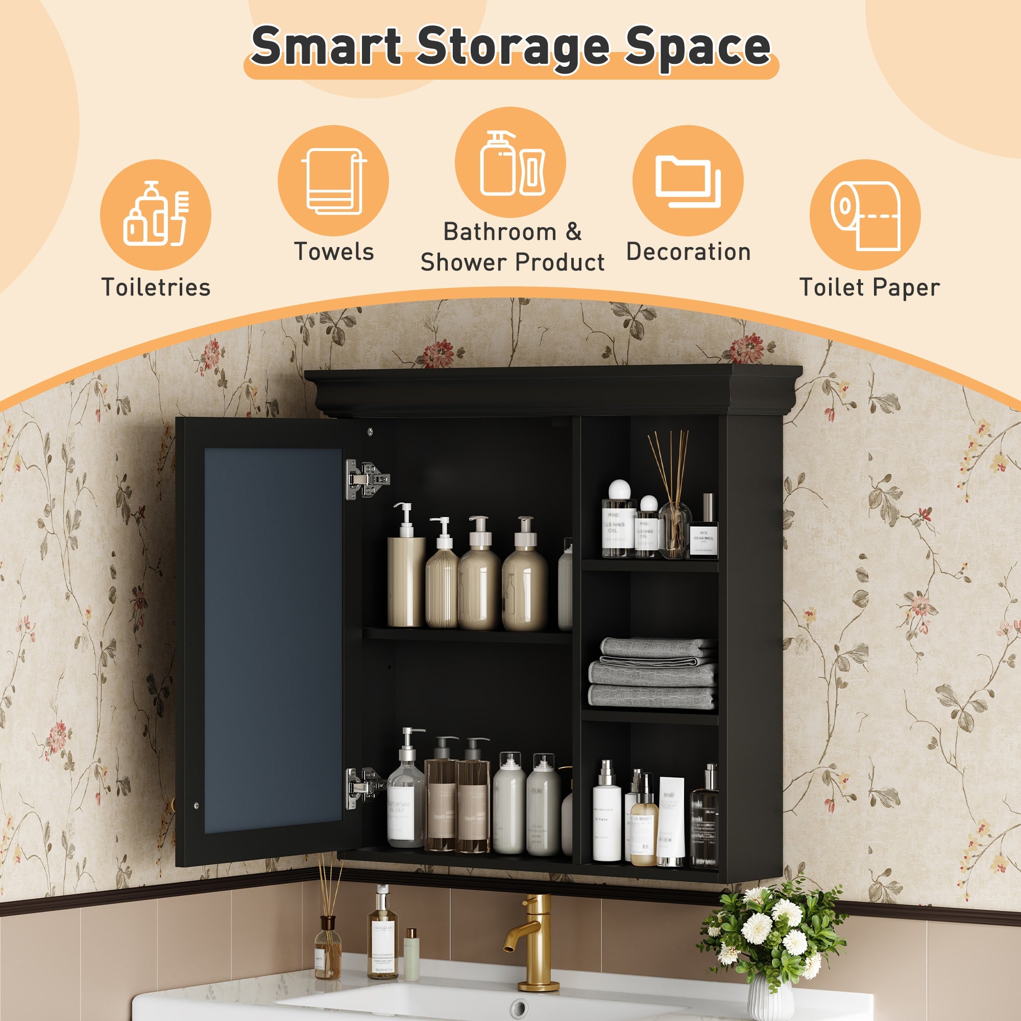 koorbiir ba6 30'' x 28'' Wall - Mounted Bathroom Medicine Cabinet with Mirror ¨C Over Toilet Storage Organizer for Bathroom Organization, Black MDF Cabinet - Koorbiir
