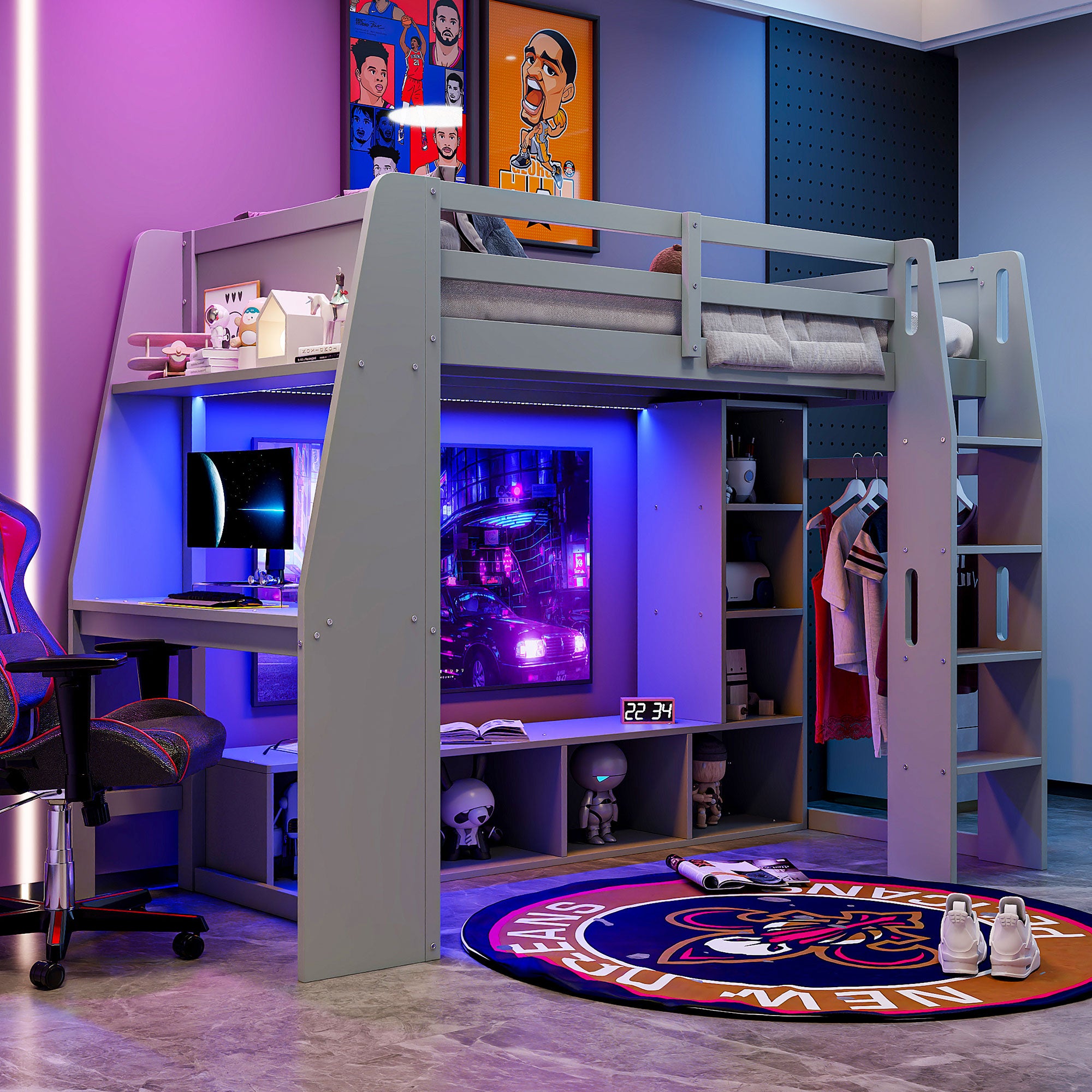 koorbiir G4 Wood Full Size Gaming Loft Bed with Built-In Gaming Desk, Multi-Storage Shelves, LED & Hanging Clothes Rack ¨C Gray