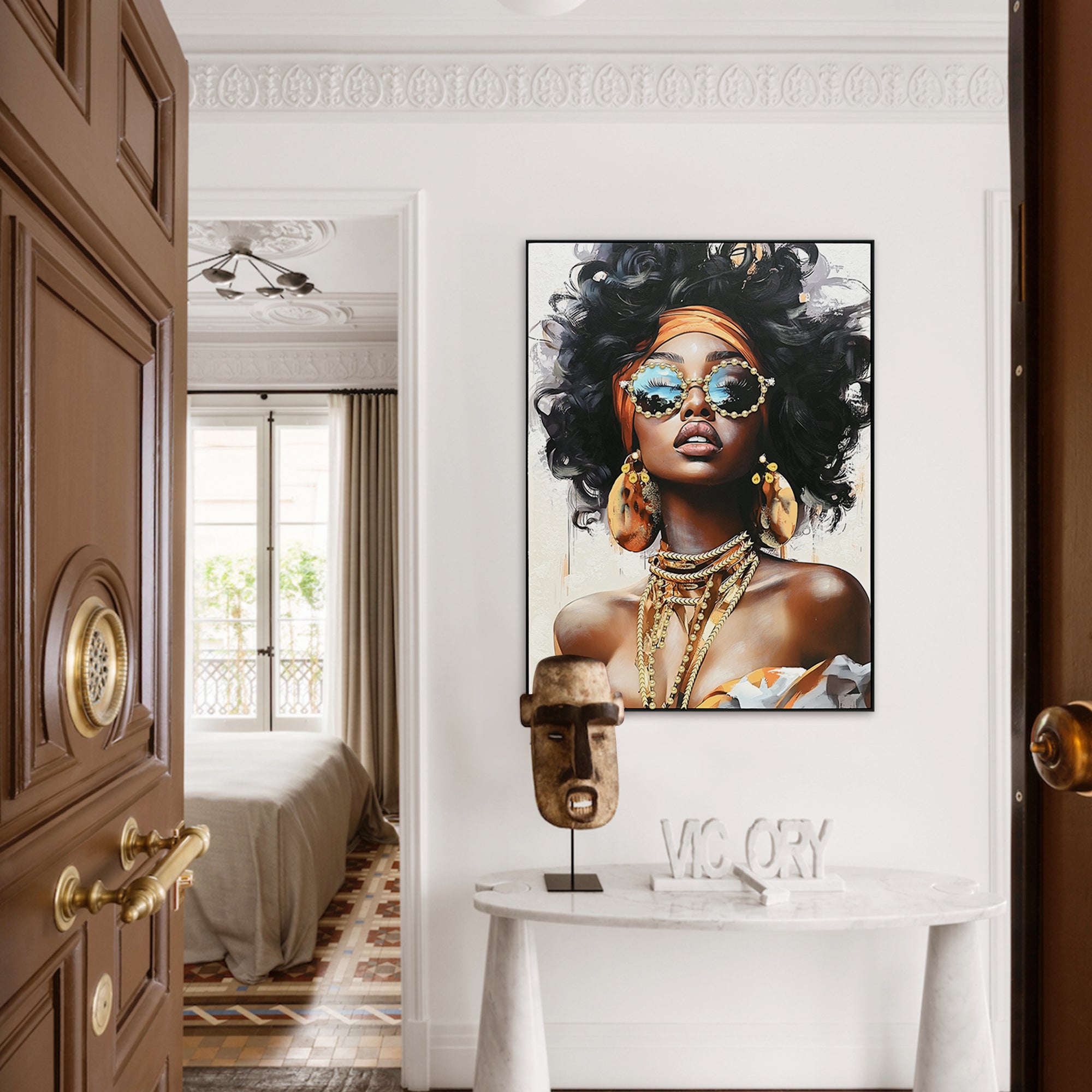 koorbiir w2 Black Girl Wall Art ¨C African American Woman with Curly Hair, Orange Headwrap, Sunglasses & Necklaces ¨C Afrocentric Canvas Painting for Home & Office
