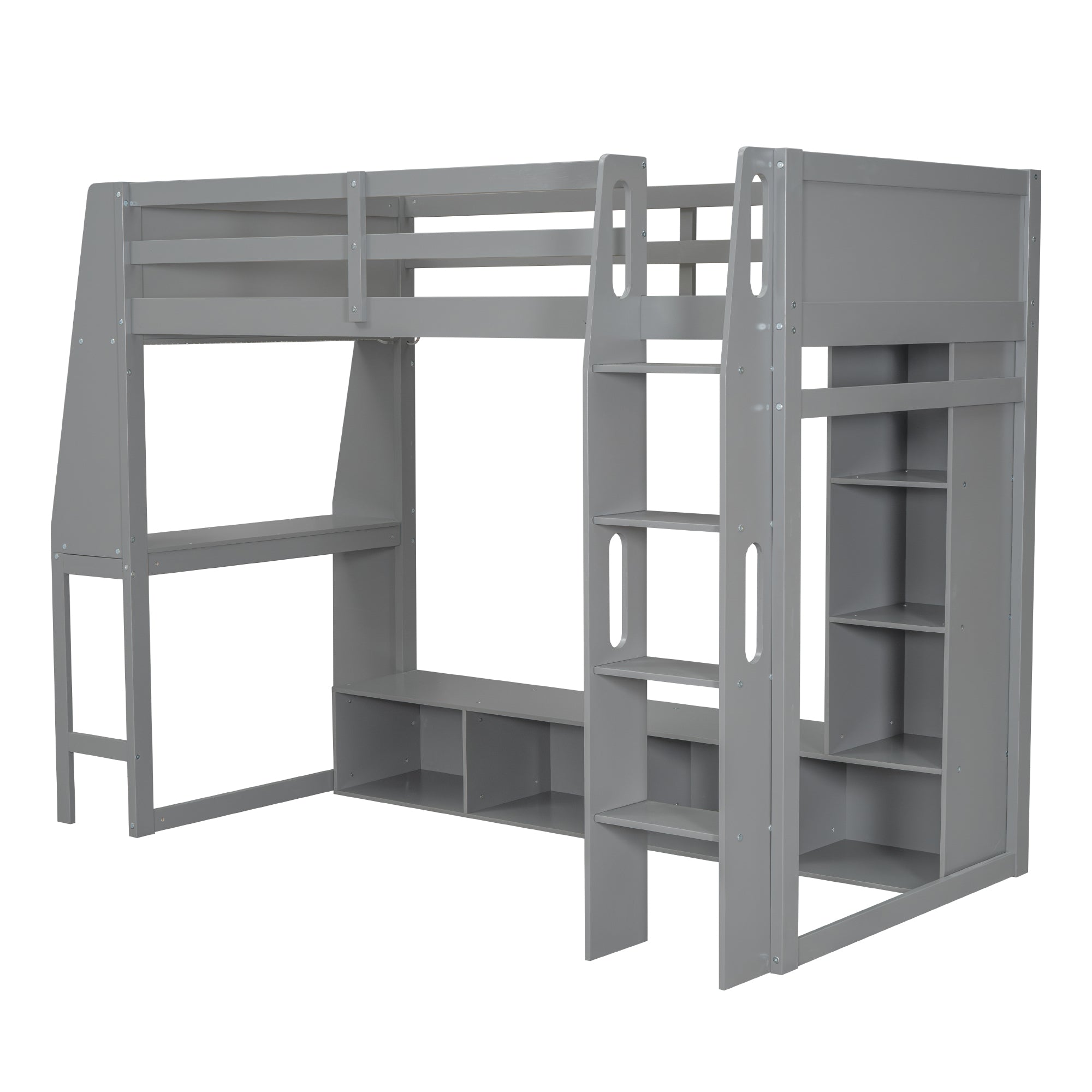 koorbiir G4 Wood Full Size Gaming Loft Bed with Built-In Gaming Desk, Multi-Storage Shelves, LED & Hanging Clothes Rack ¨C Gray