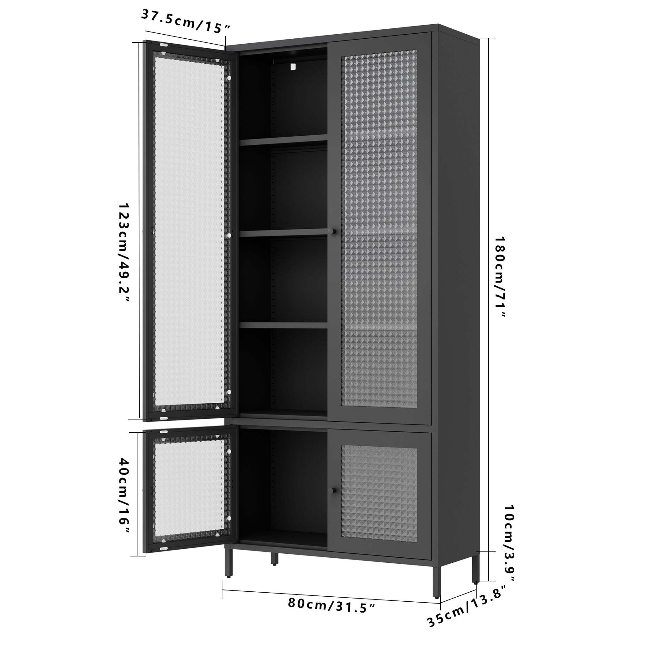 Large Metal Storage & Office Cabinet with 4 Waffle-Grid Tempered Glass Doors, 5 Adjustable Shelves ¨C Freestanding Display Bookcase for Home, Bedroom, Living Room, Pantry, Office ¨C Black