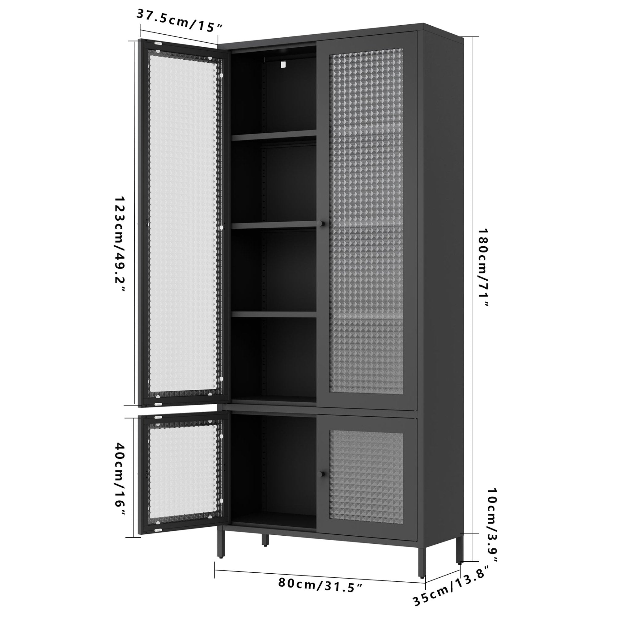 koorbiir ma1 koorbiir of5 Large Metal Storage & Office Cabinet with 4 Waffle - Grid Tempered Glass Doors, 5 Adjustable Shelves ¨C Freestanding Display Bookcase for Home, Bedroom, Living Room, Pantry, Office ¨C Black - Koorbiir