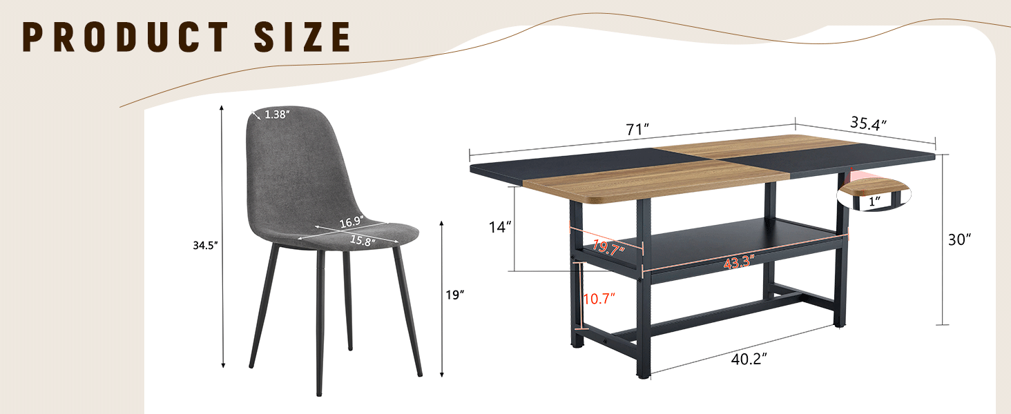 koorbiir ta3 71" x 35.4" Wooden & Black Spliced Dining Table with Middle Storage ¨C 6 Light Gray Linen Fabric Chairs, Sturdy Metal Frame, Table Linens Included