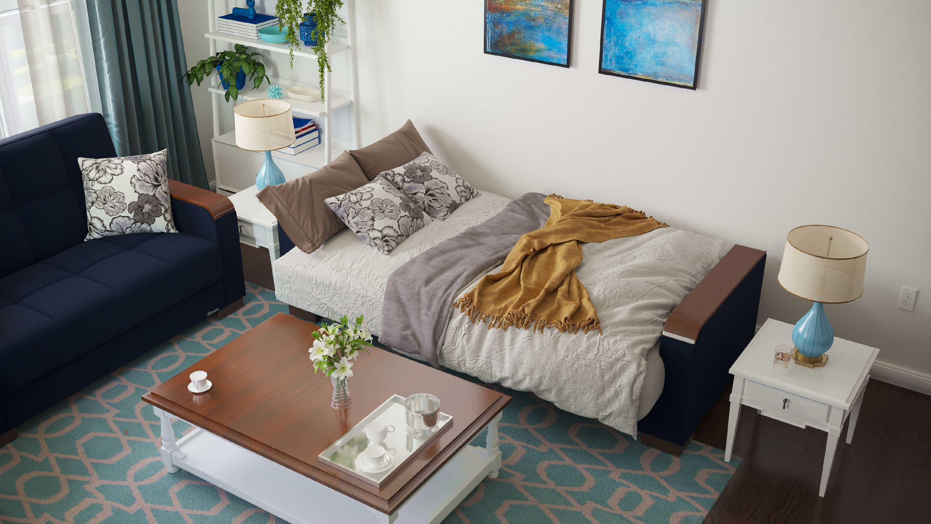 PrimeNest ZenAero Collection Convertible Wood Trimmed Upholstered Sofabed with Storage, Dark Blue Polyester Sleeper Sofa Bed for Small Spaces Living Room Furniture