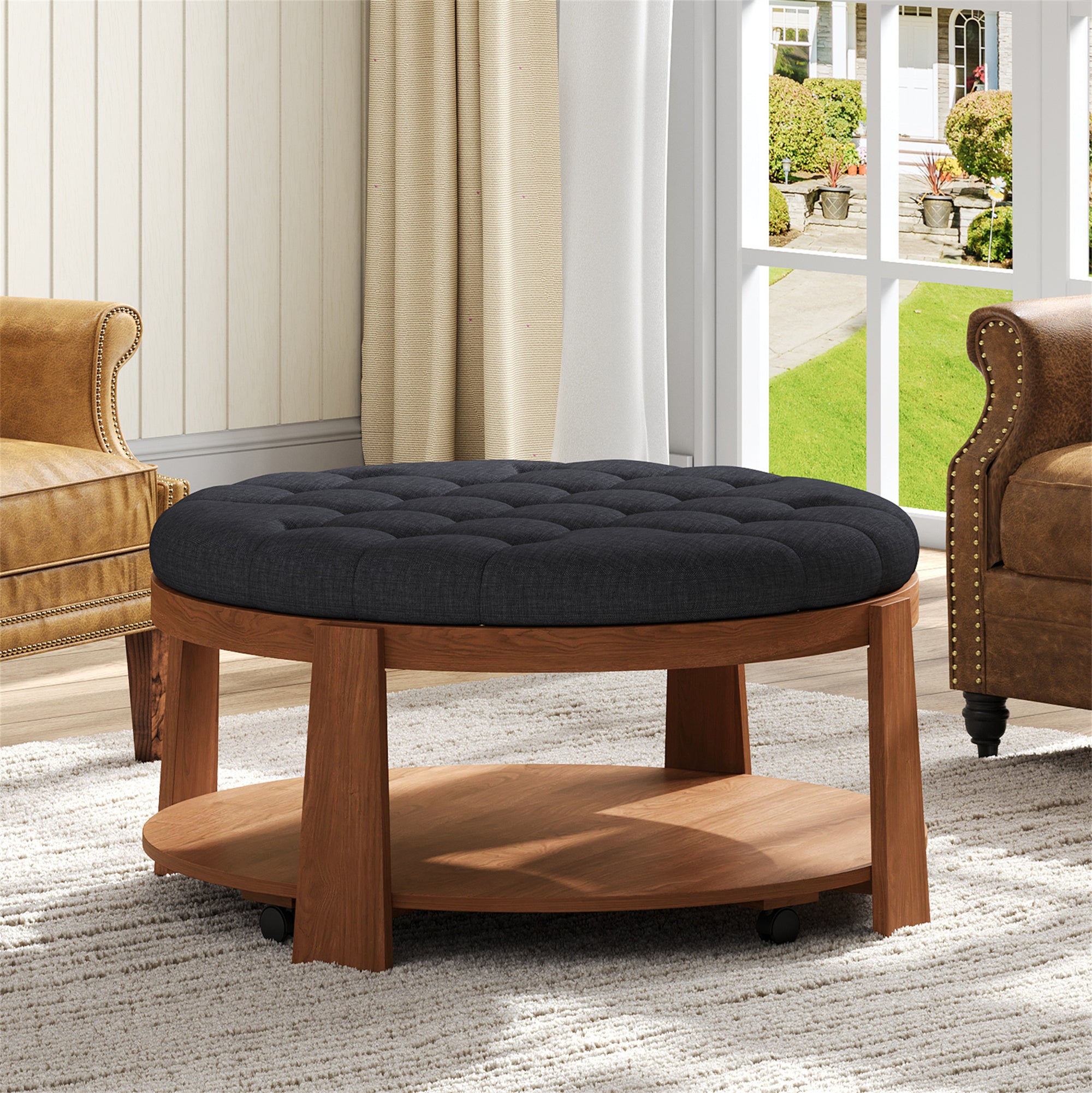 koorbiir ta1 Modern Large Round Ottoman Coffee Table with 2-Tier Wood Shelf Storage ¨C Oversized Button Tufted Upholstered Footrest Ottoman on Wheels, Waterproof Table Linens for Living Room