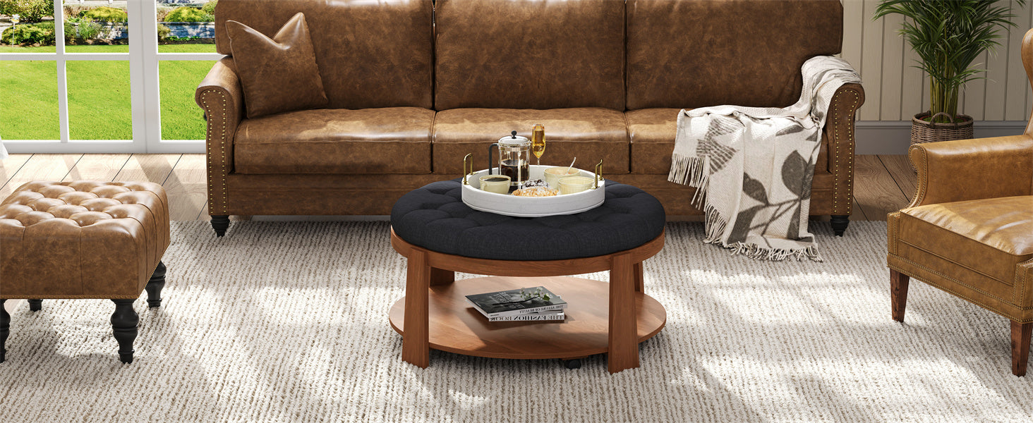 koorbiir ta1 Modern Large Round Ottoman Coffee Table with 2-Tier Wood Shelf Storage ¨C Oversized Button Tufted Upholstered Footrest Ottoman on Wheels, Waterproof Table Linens for Living Room