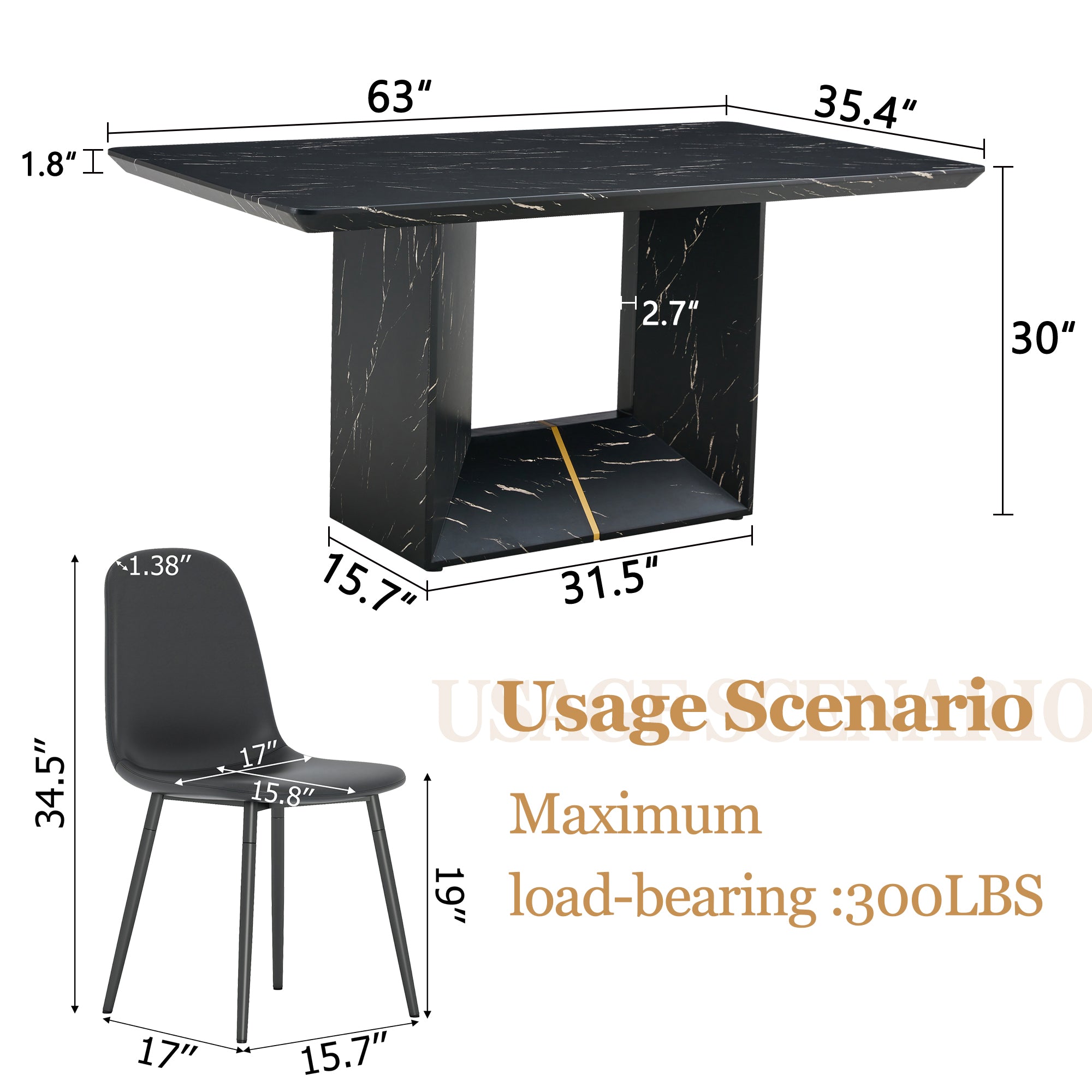 63" x 35.4" Black Marble Pattern Dining Table Set with 4 Dark Gray Linen Chairs ¨C Modern MDF Table with O-Shaped Legs, Metal Frame & Table Linens for Kitchen or Dining Room