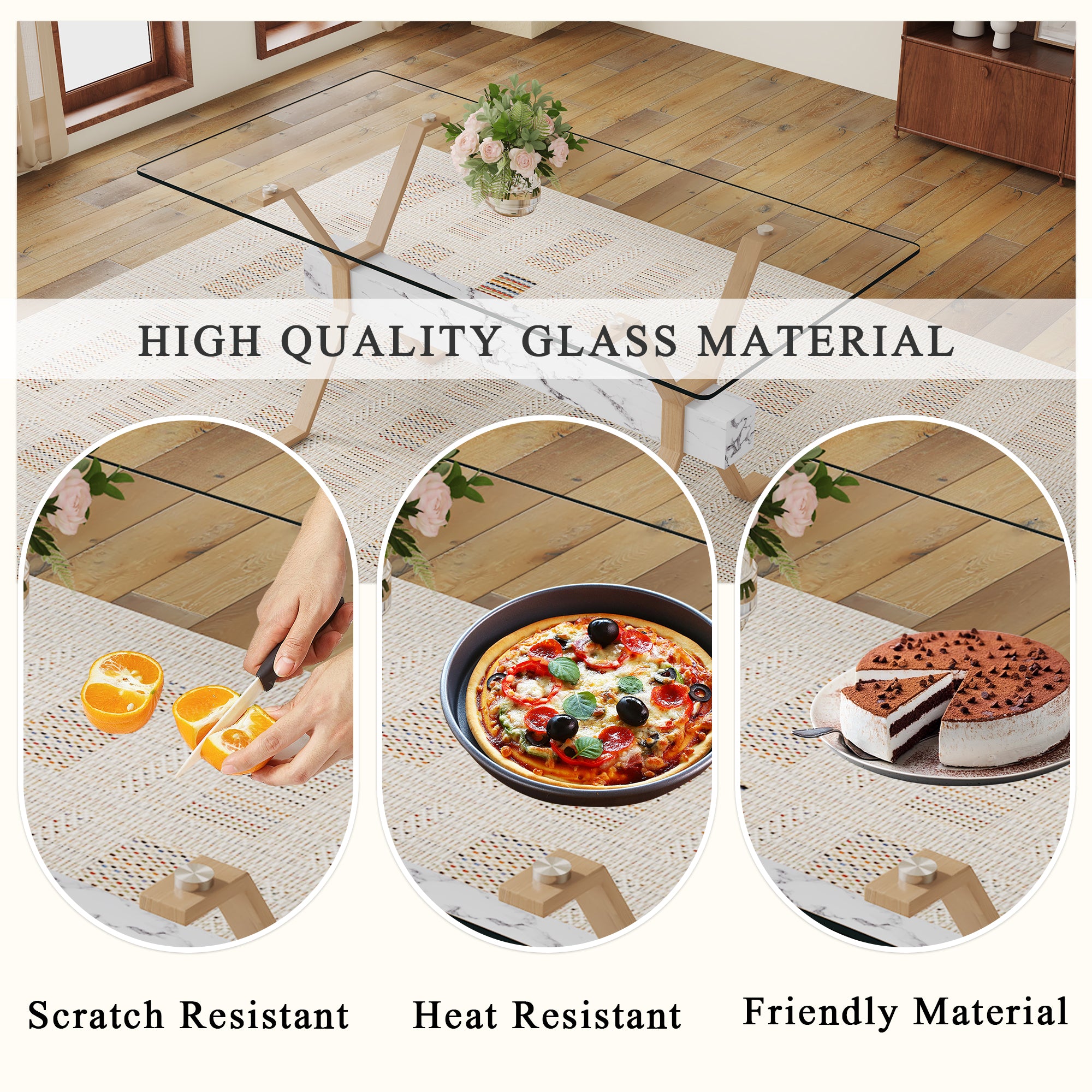 71" x 35.4" Transparent Tempered Glass Dining Table with X-Shaped Wood Color Metal Legs ¨C 6 Light Gray Linen Fabric Chairs, Modern Table Linens Set for Dining Room