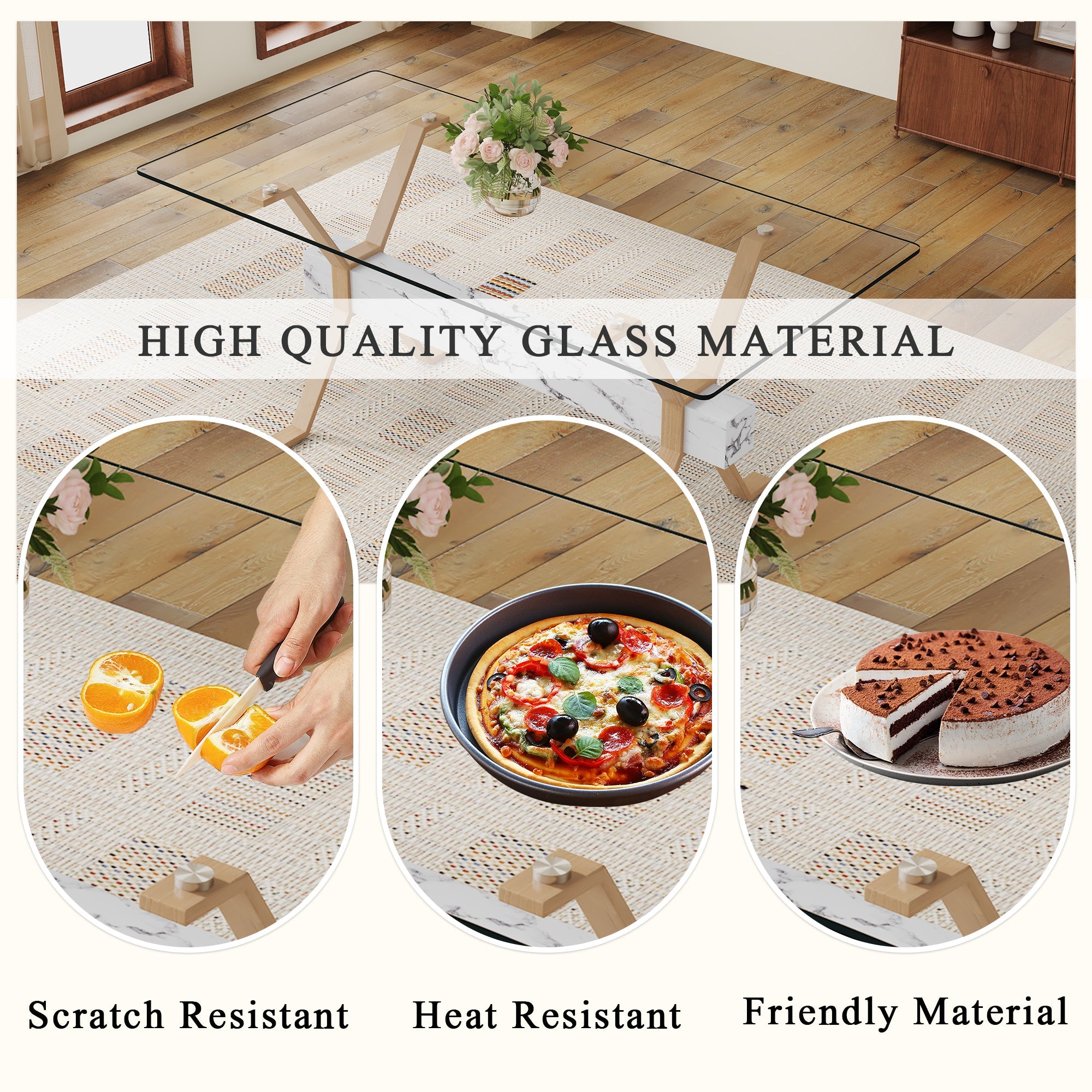koorbiir ta7 71" x 35.4" Transparent Tempered Glass Dining Table with X - Shaped Wood Color Metal Legs ¨C 6 Light Gray Linen Fabric Chairs, Modern Table Linens Set for Dining Room - Koorbiir