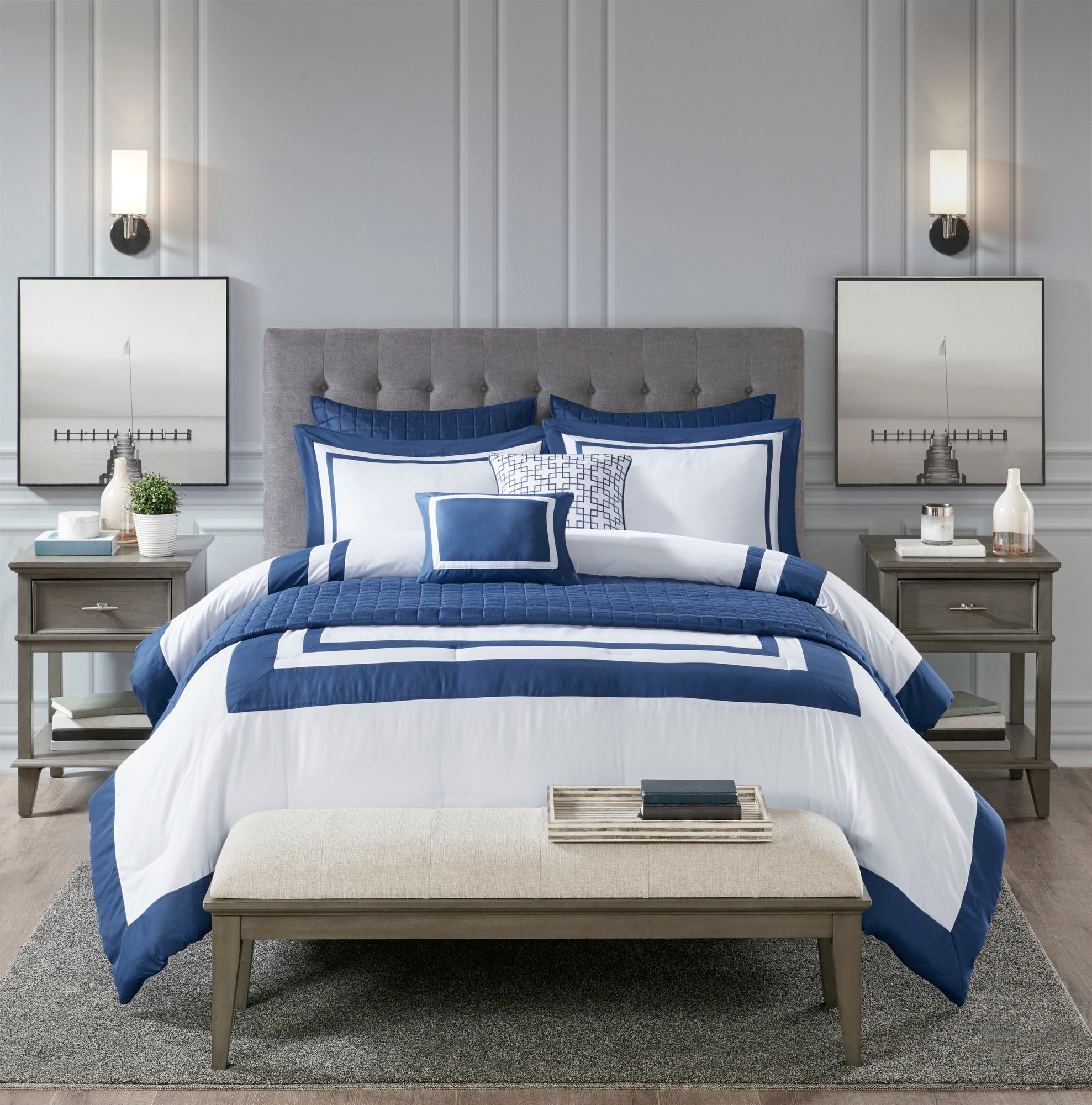 8-Piece Blue Seersucker Comforter & Quilt Set ¨C King/Cal King Bedding Collections with Decorative Pillows & Shams