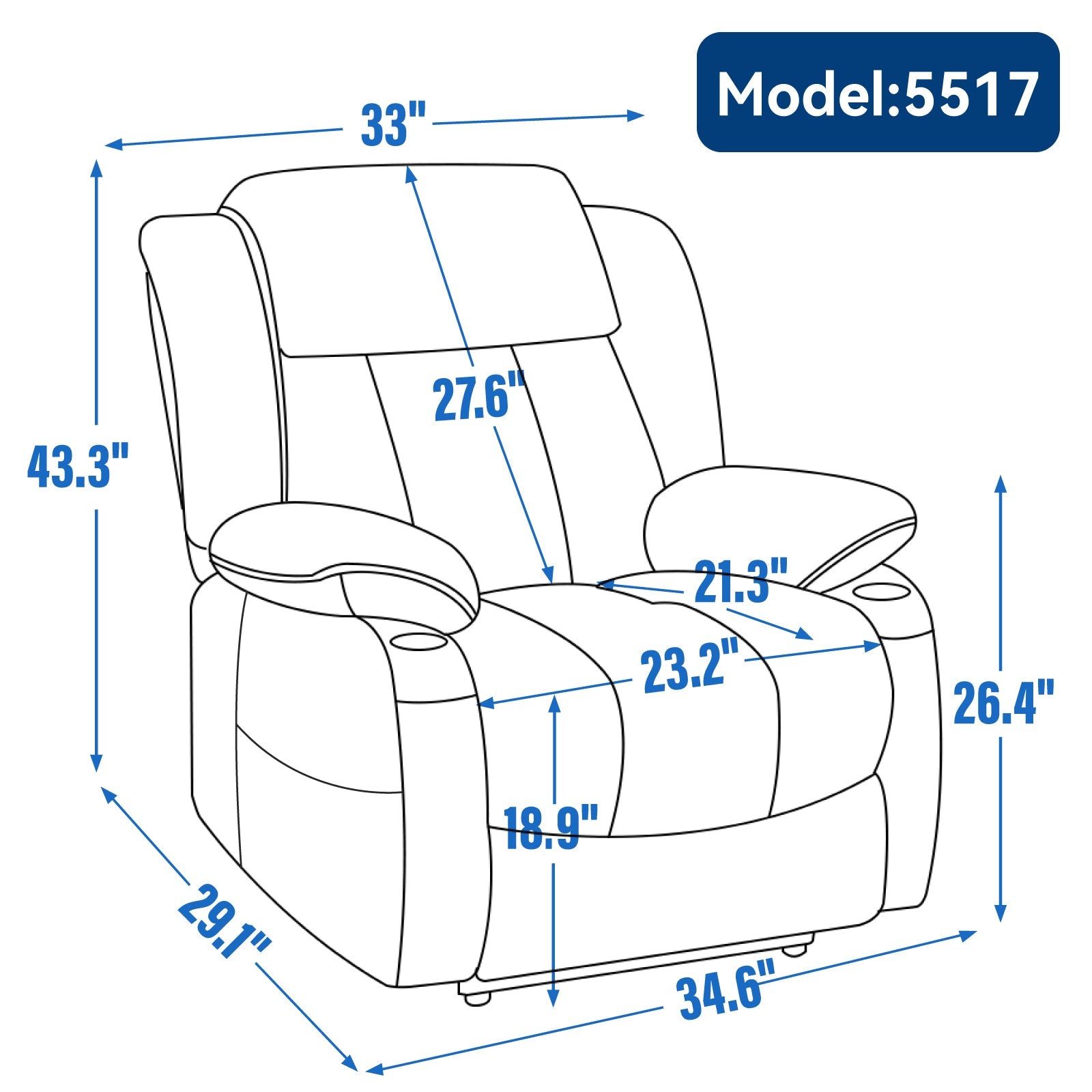Up to 350 LBS Chenille Power Lift Massage Chair with 8 - Point Vibration, Lumbar Heating, USB & Type - C Ports, Stainless Steel Cup Holders ¨C Blue - Koorbiir