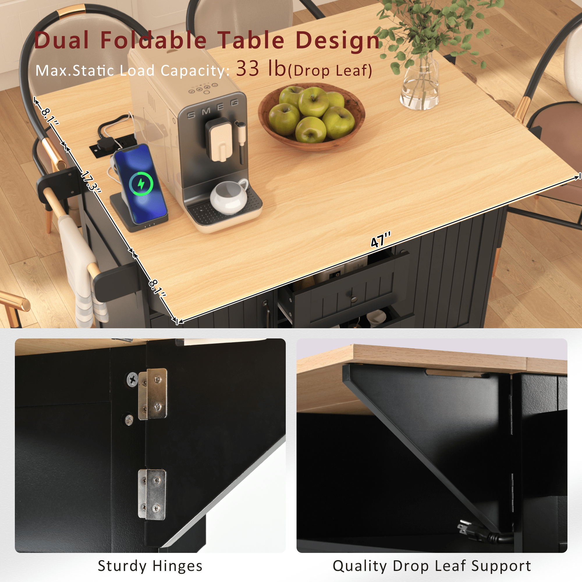 koorbiir k2 K&K 55.7" Large Kitchen Island with Storage, 2 Drop Leaves, Rolling Kitchen Cart with Power Outlet, Folding Dining Table, 3 Drawers & Spice/Towel Rack ¨C Mobile Kitchen Storage for Kitchen & Dining Room, Black - Koorbiir