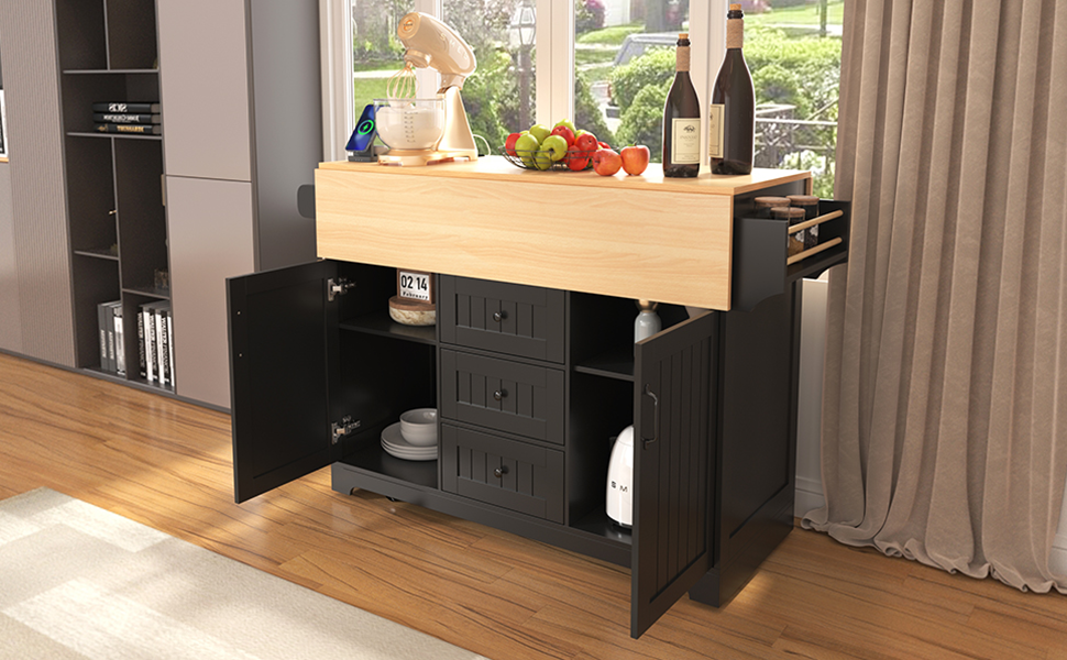 koorbiir k2 K&K 55.7" Large Kitchen Island with Storage, 2 Drop Leaves, Rolling Kitchen Cart with Power Outlet, Folding Dining Table, 3 Drawers & Spice/Towel Rack ¨C Mobile Kitchen Storage for Kitchen & Dining Room, Black