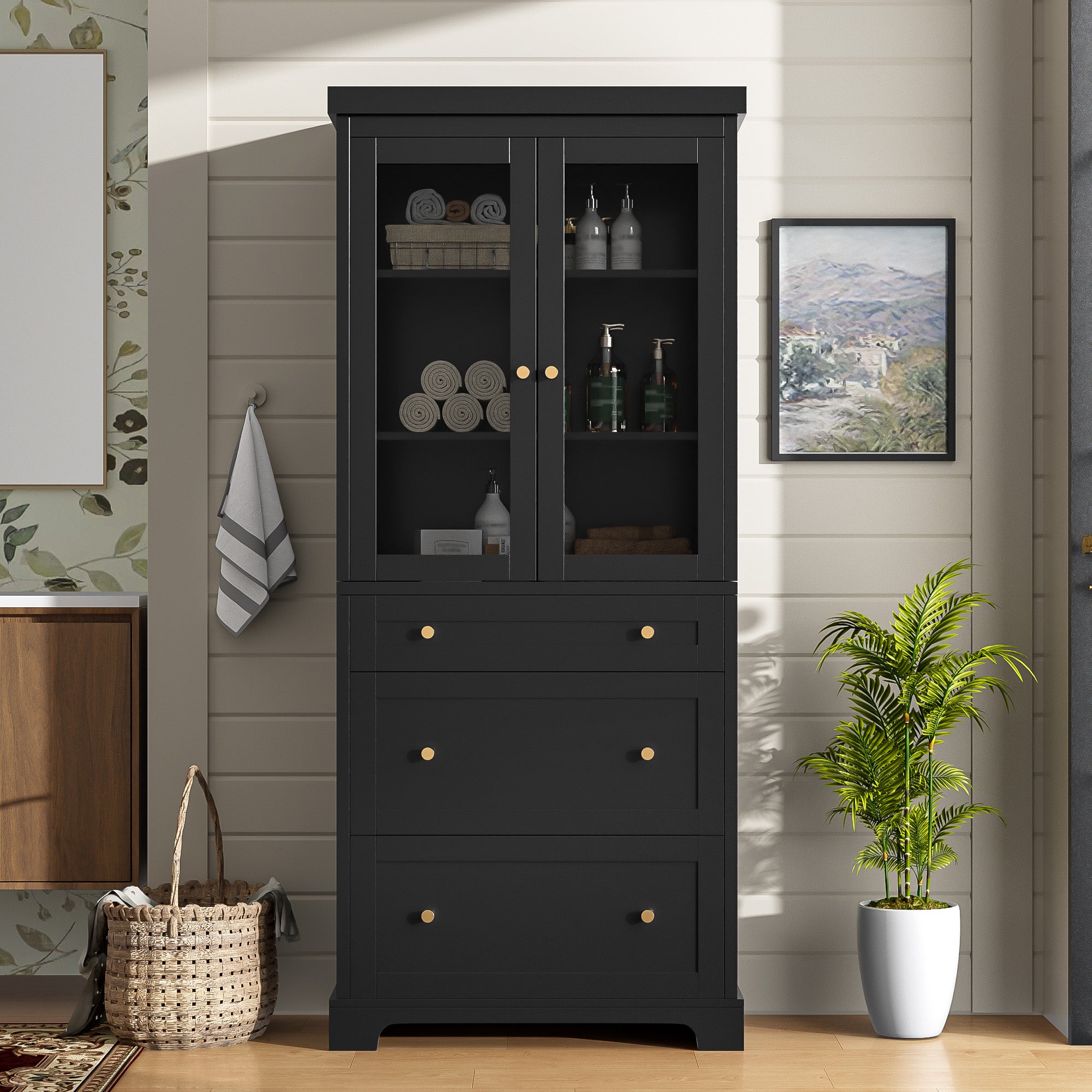 koorbiir k9 70.1" Modern High Freestanding Tall Bathroom Cabinet with 2 Adjustable Shelves & 3 Drawers ¨C Soft-Close Glass Doors, Luxury Metal Handles, Versatile Bathroom, Kitchen, and Living Room Storage