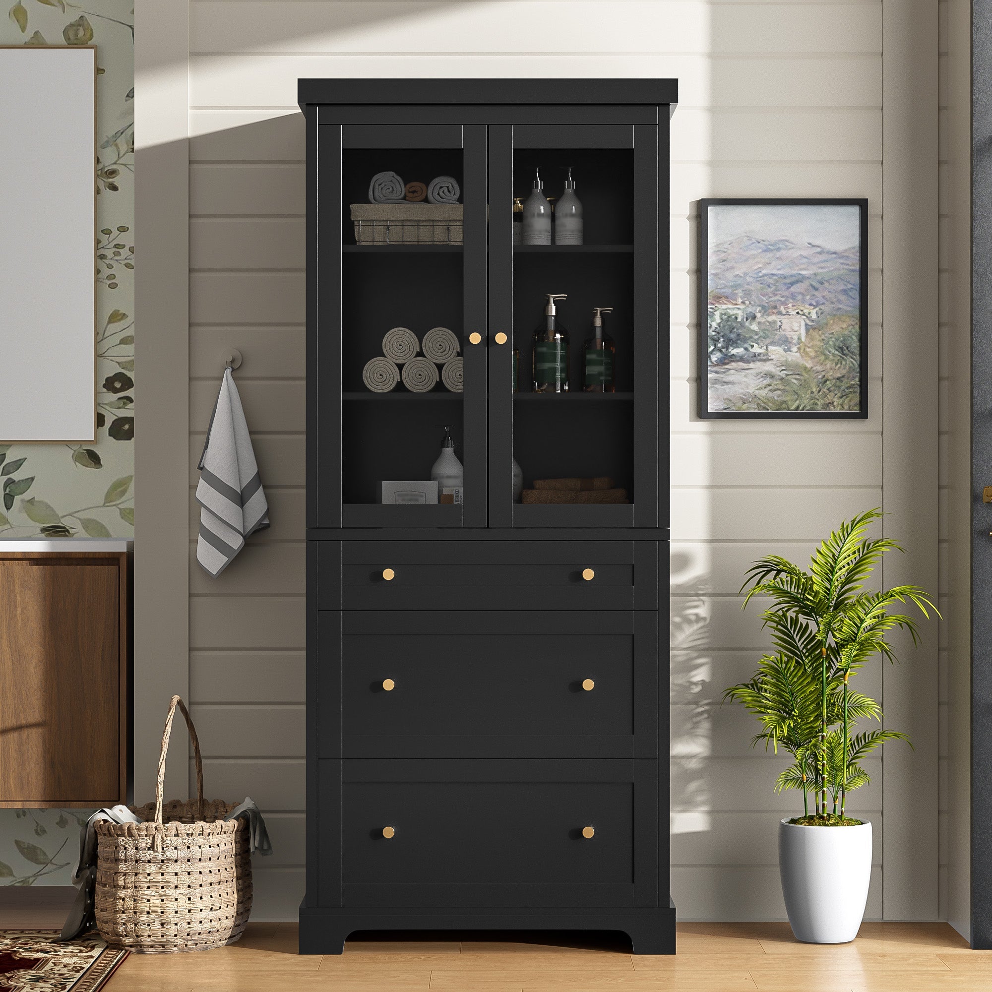 koorbiir k9 70.1" Modern High Freestanding Tall Bathroom Cabinet with 2 Adjustable Shelves & 3 Drawers ¨C Soft - Close Glass Doors, Luxury Metal Handles, Versatile Bathroom, Kitchen, and Living Room Storage - Koorbiir
