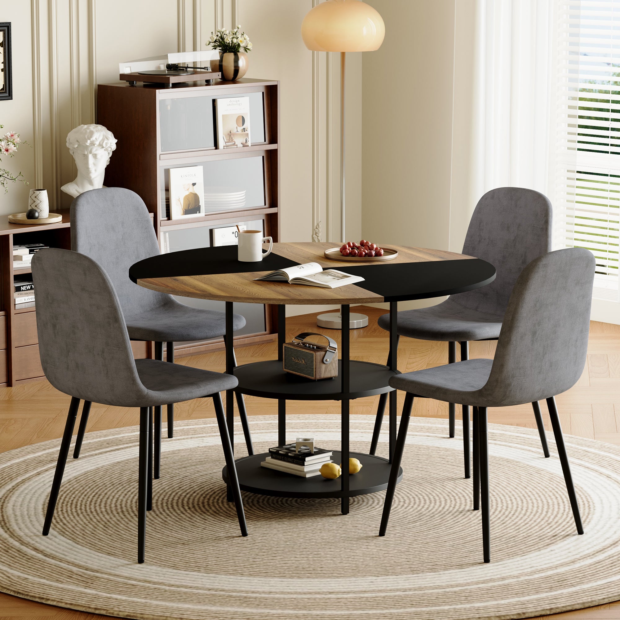 47.3" Modern Splicing Circular Dining Table with Double-Layer Storage ¨C 4 Black Linen-Cotton High-Resilience Chairs with Metal Legs, Table Linens Included
