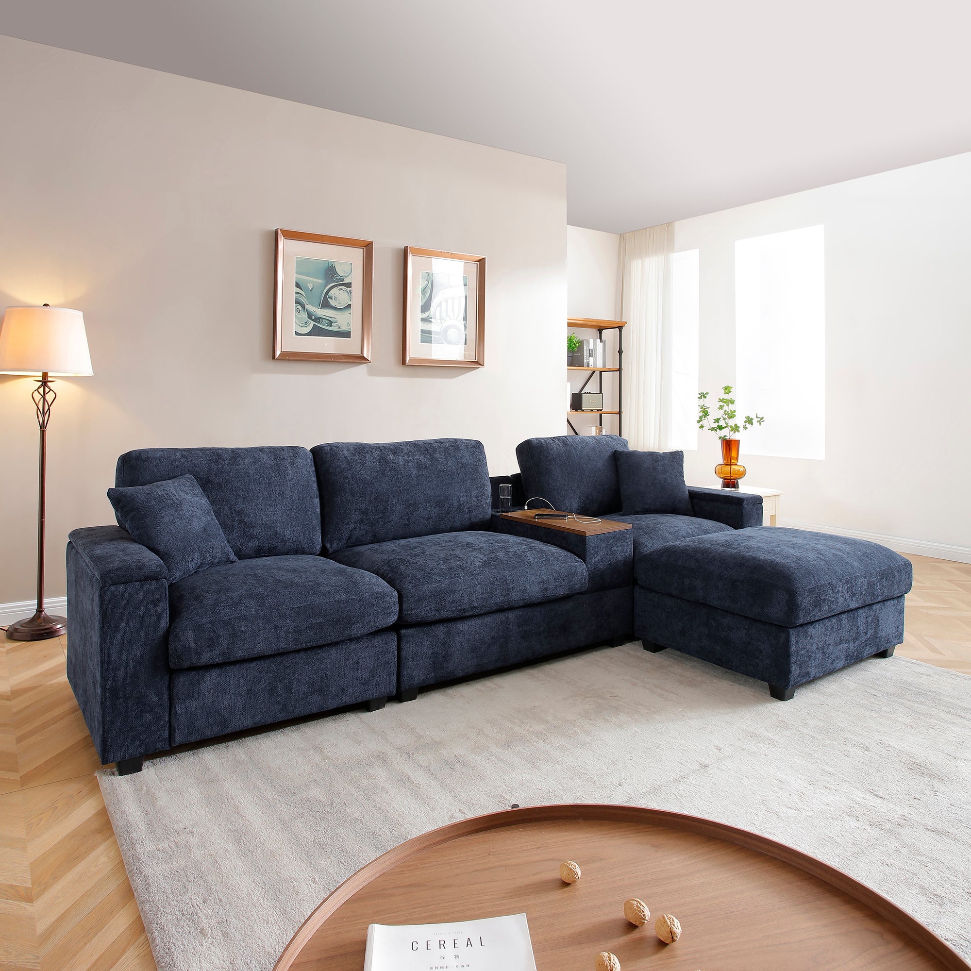 120.3" L-Shaped Sectional Sofa with Storage Ottoman ¨C Oversized Cloud Couch with Drop-Down Table, 360¡ã Swivel Tray, Cup Holders, USB Ports & Wide Linen Seats for Living Room