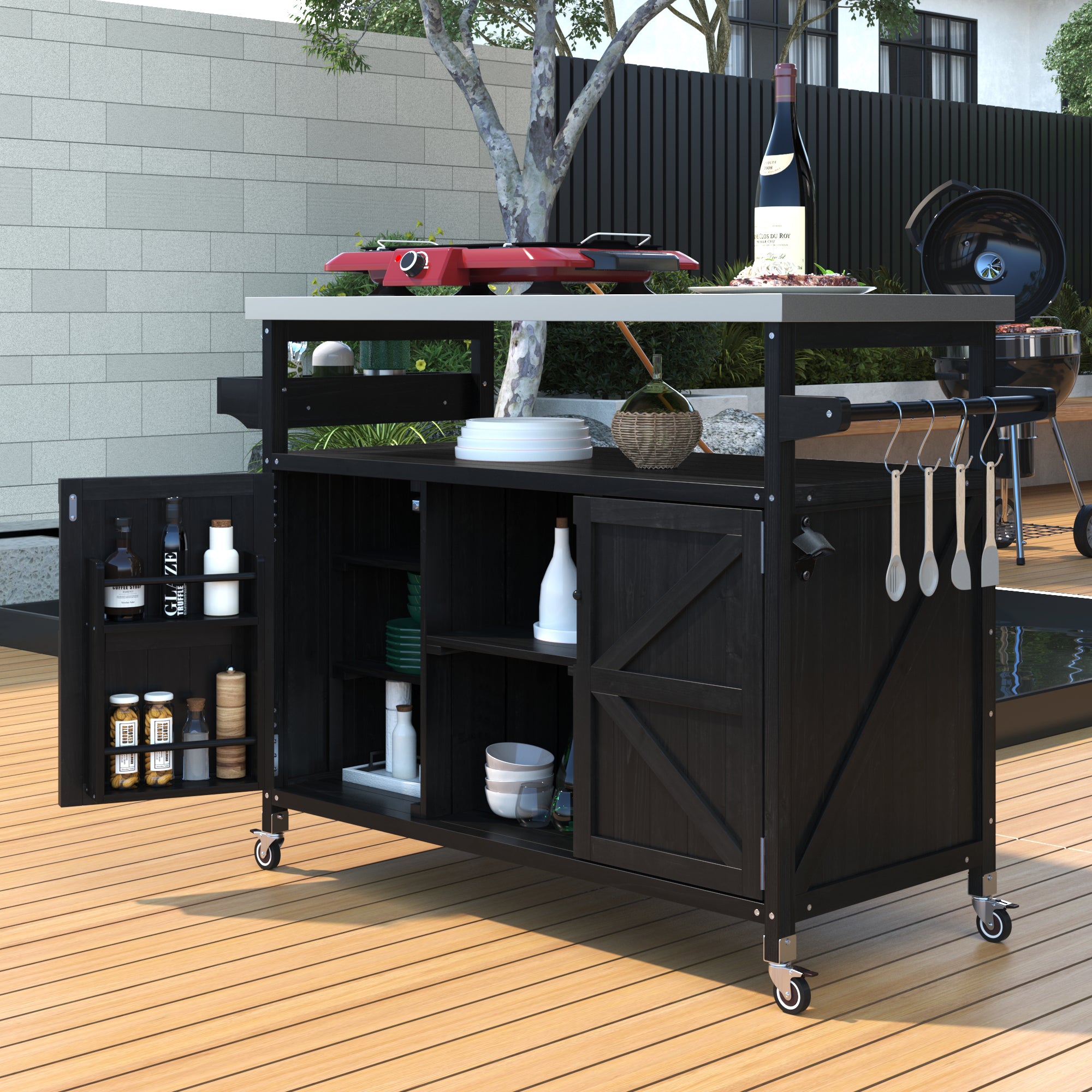 koorbiir k4 K&K Outdoor Kitchen Island & Rolling Bar Cart ¨C Solid Wood Grill Table with Stainless Steel Top, Spice & Towel Rack, Lockable Wheels for Patio, BBQ & Kitchen Storage, Grey Blue