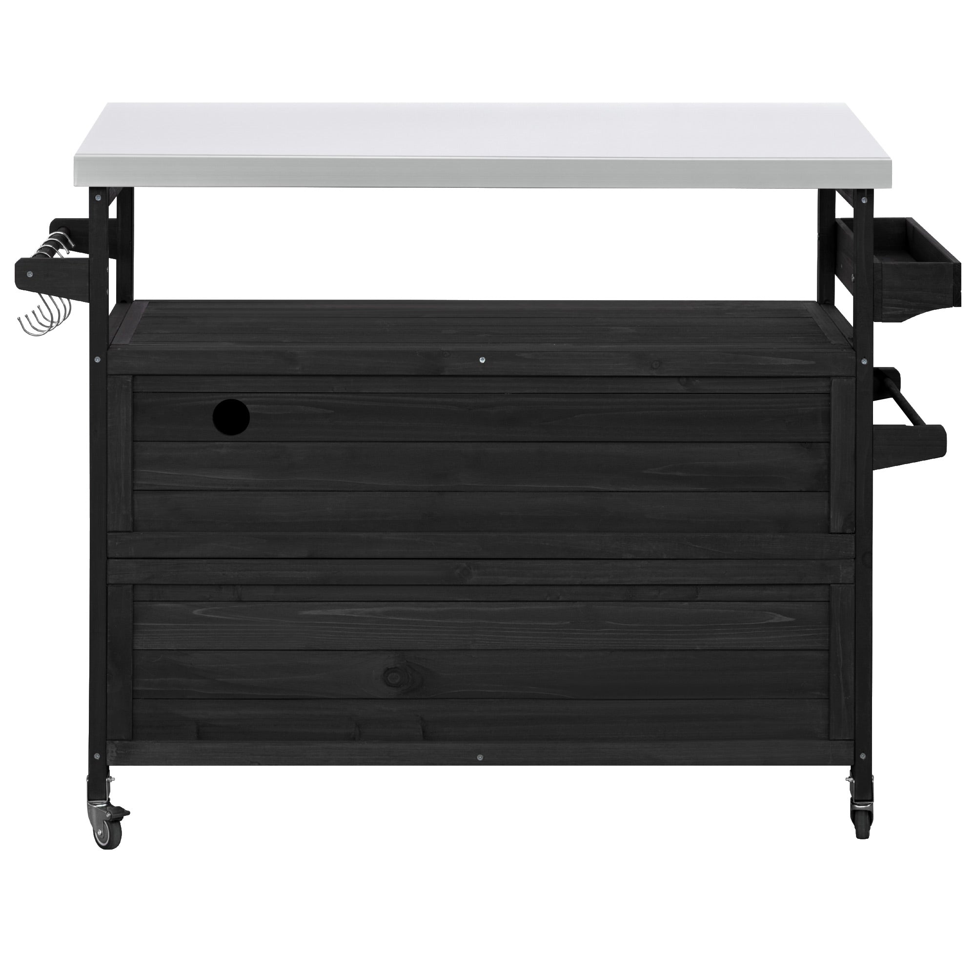 koorbiir k4 K&K Outdoor Kitchen Island & Rolling Bar Cart ¨C Solid Wood Grill Table with Stainless Steel Top, Spice & Towel Rack, Lockable Wheels for Patio, BBQ & Kitchen Storage, Grey Blue