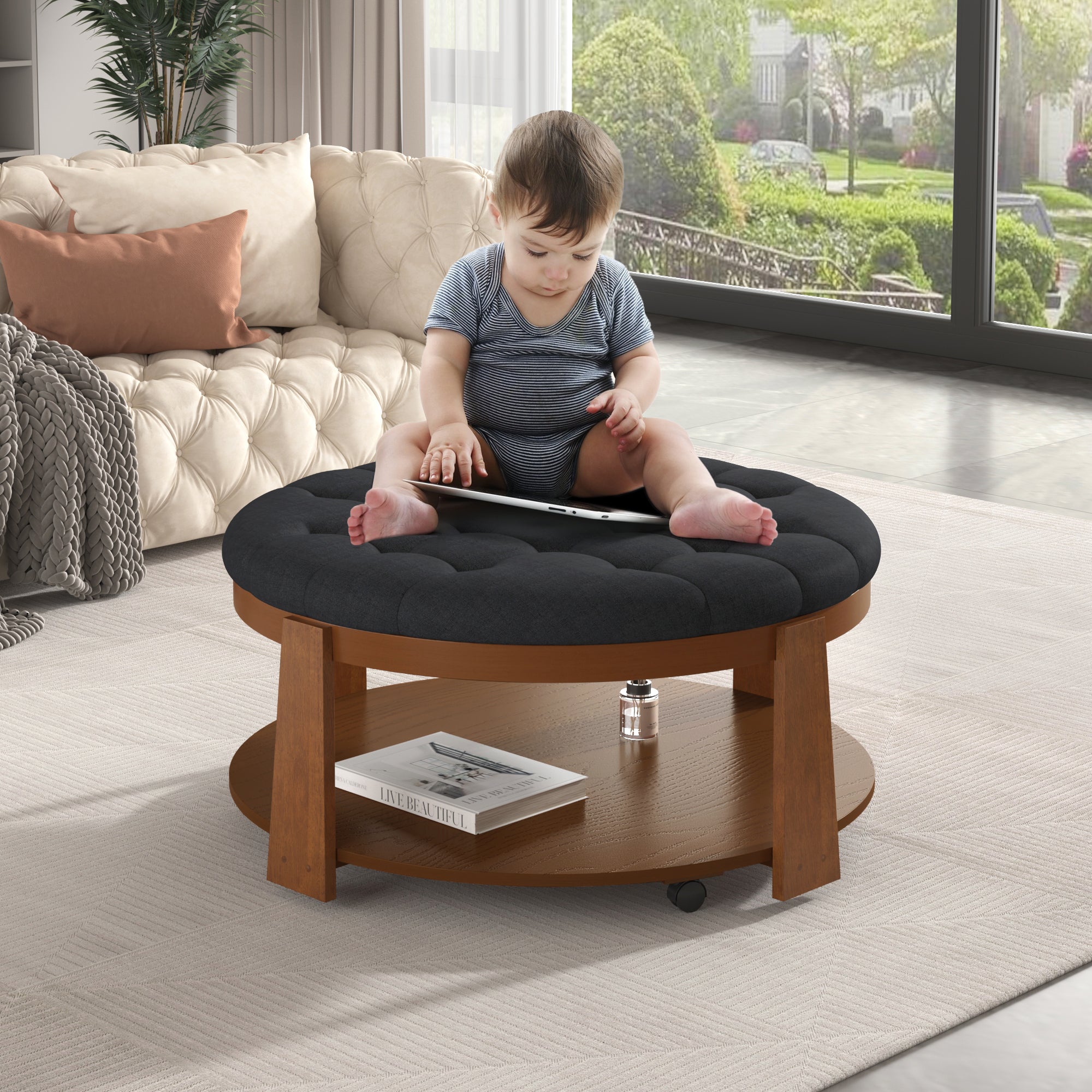 koorbiir ta1 Modern Large Round Ottoman Coffee Table with 2-Tier Wood Shelf Storage ¨C Oversized Button Tufted Upholstered Footrest Ottoman on Wheels, Waterproof Table Linens for Living Room