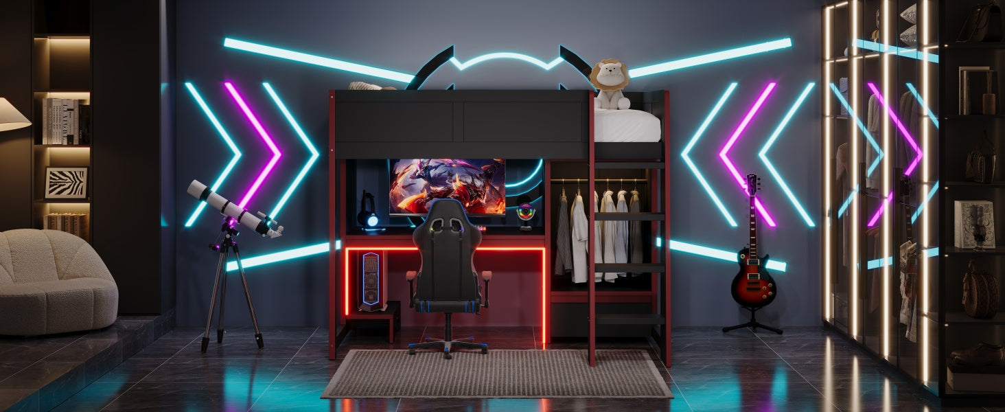 koorbiir G1 Wood Full-Size Gaming Loft Bed with Built-In Gaming Desk, Wardrobe, LED Lighting & Drawer ¨C Black