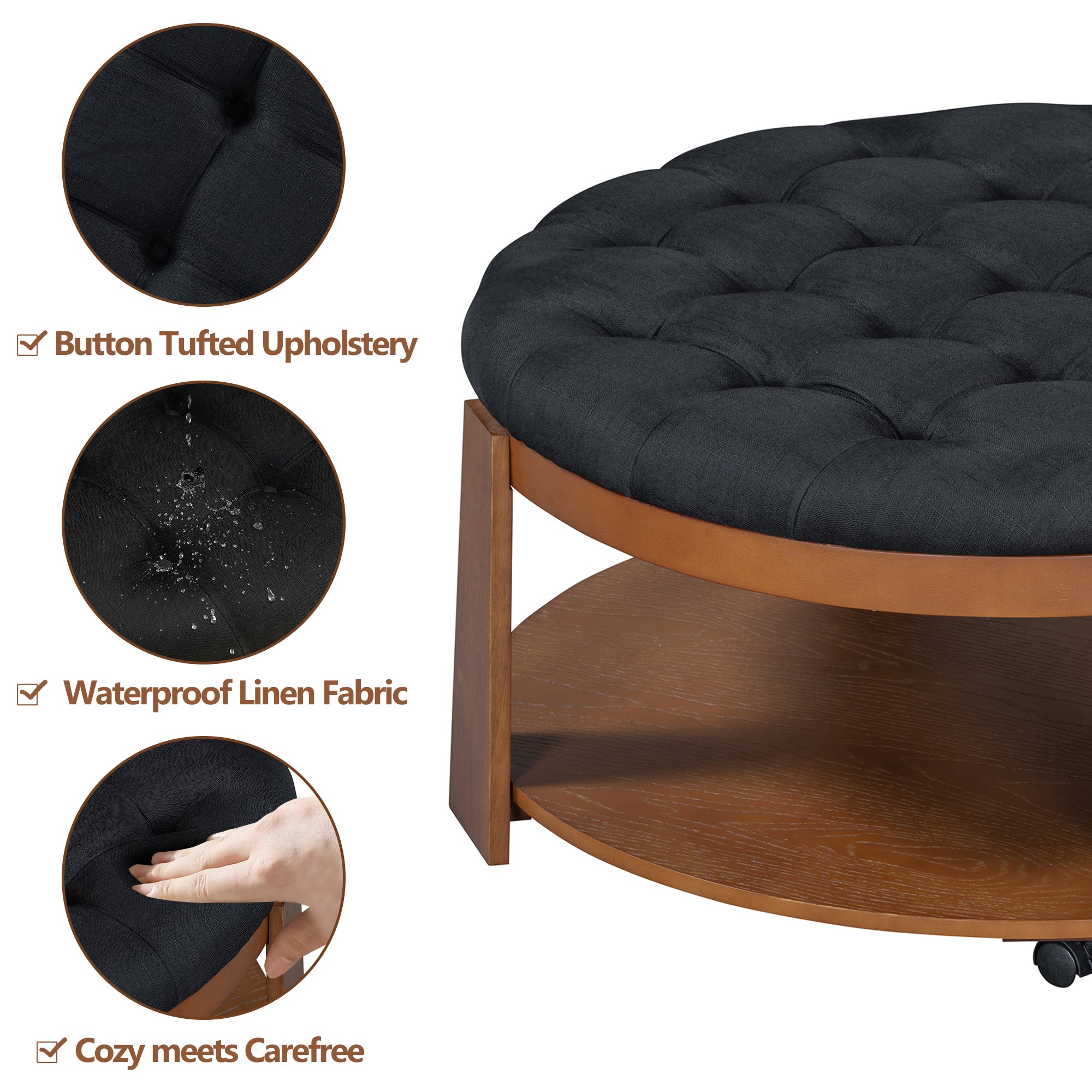 koorbiir ta1 Modern Large Round Ottoman Coffee Table with 2-Tier Wood Shelf Storage ¨C Oversized Button Tufted Upholstered Footrest Ottoman on Wheels, Waterproof Table Linens for Living Room