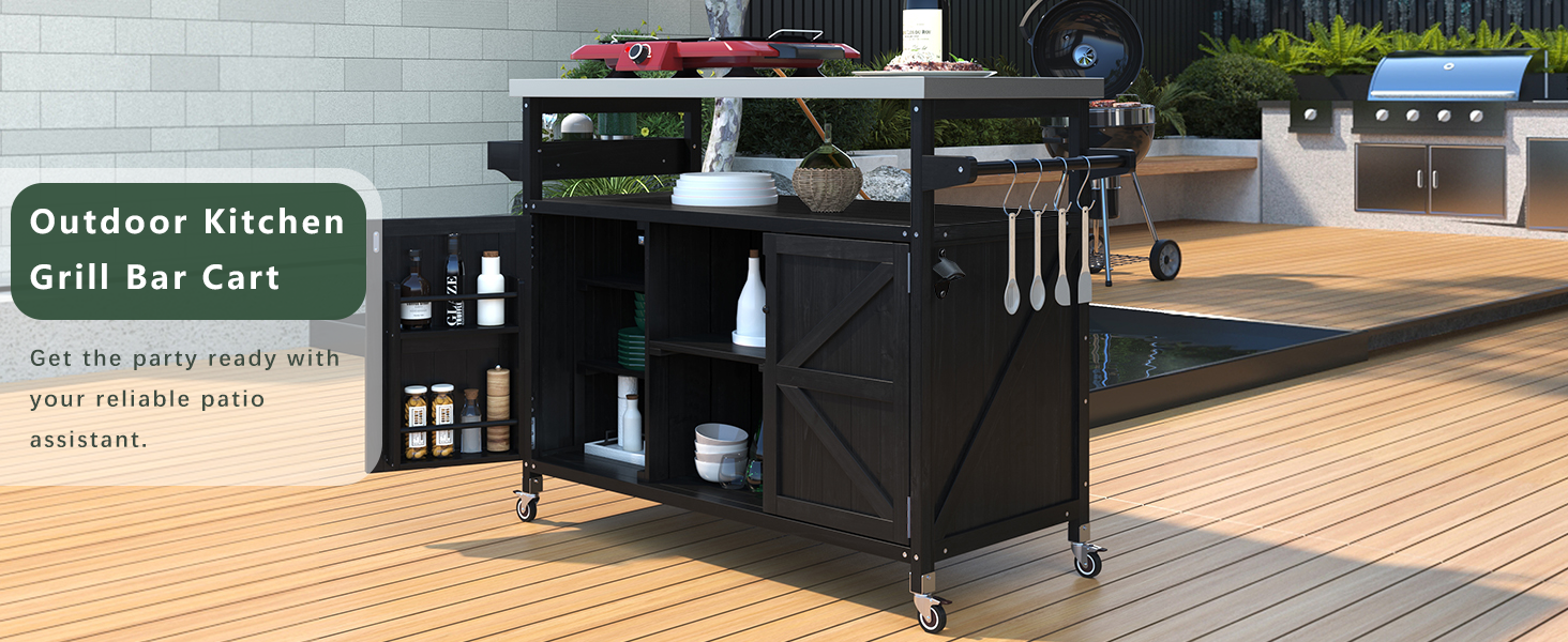 koorbiir k4 K&K Outdoor Kitchen Island & Rolling Bar Cart ¨C Solid Wood Grill Table with Stainless Steel Top, Spice & Towel Rack, Lockable Wheels for Patio, BBQ & Kitchen Storage, Grey Blue