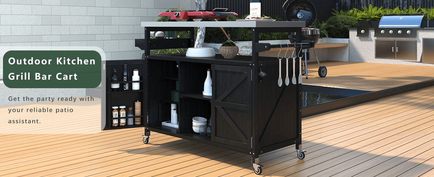 koorbiir k4 K&K Outdoor Kitchen Island & Rolling Bar Cart ¨C Solid Wood Grill Table with Stainless Steel Top, Spice & Towel Rack, Lockable Wheels for Patio, BBQ & Kitchen Storage, Grey Blue - Koorbiir