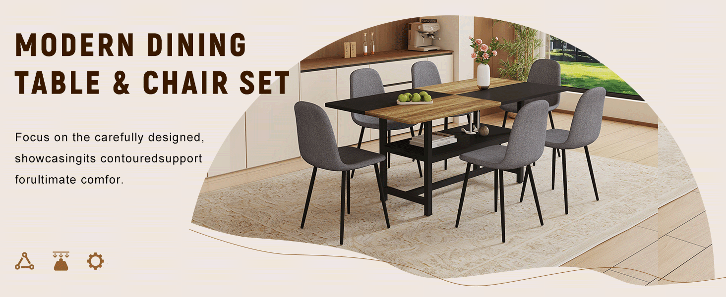 koorbiir ta3 71" x 35.4" Wooden & Black Spliced Dining Table with Middle Storage ¨C 6 Light Gray Linen Fabric Chairs, Sturdy Metal Frame, Table Linens Included