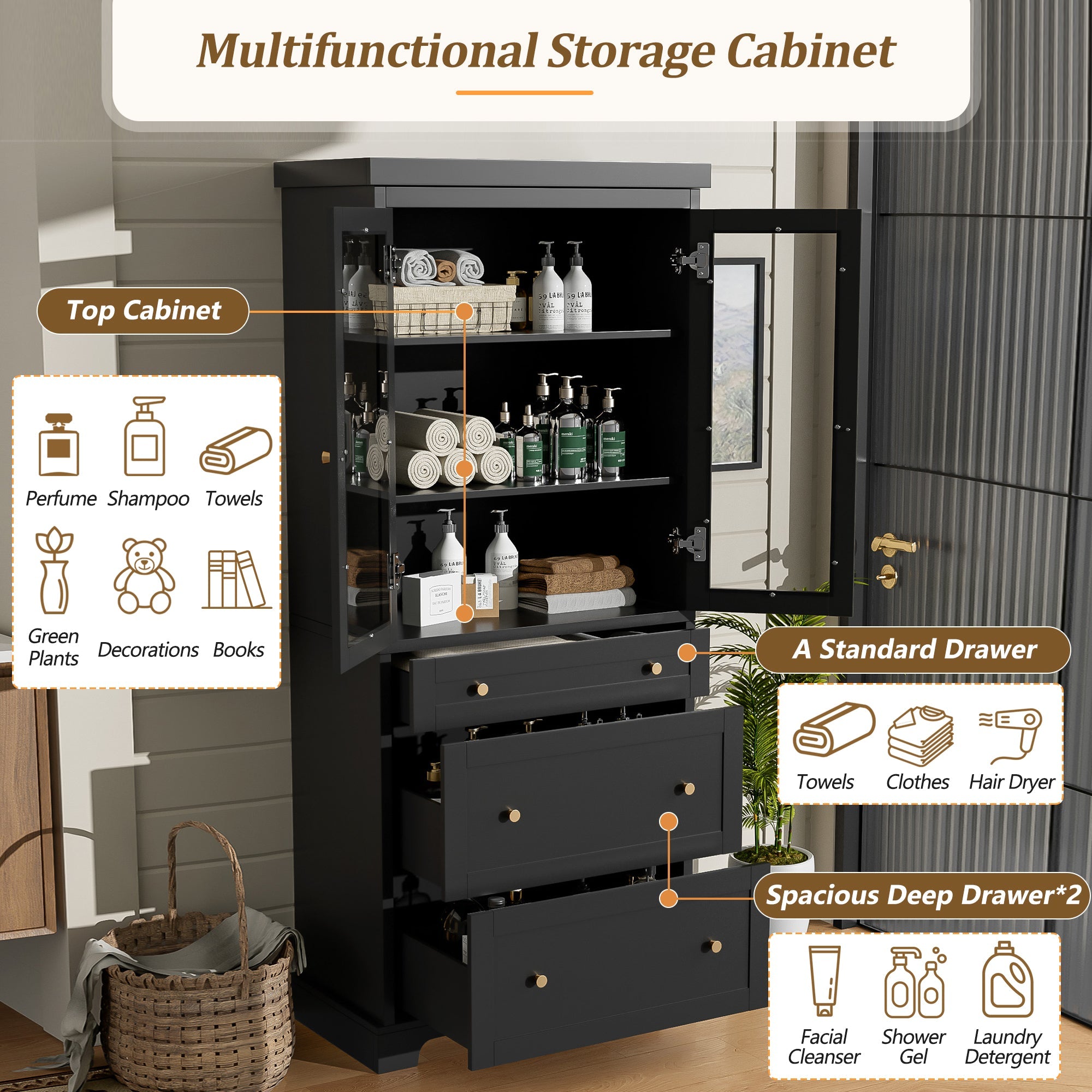 koorbiir k9 70.1" Modern High Freestanding Tall Bathroom Cabinet with 2 Adjustable Shelves & 3 Drawers ¨C Soft - Close Glass Doors, Luxury Metal Handles, Versatile Bathroom, Kitchen, and Living Room Storage - Koorbiir