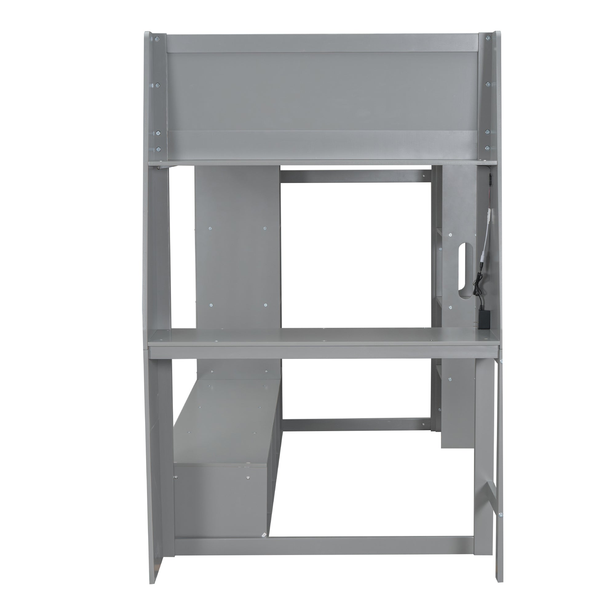 koorbiir G4 Wood Full Size Gaming Loft Bed with Built-In Gaming Desk, Multi-Storage Shelves, LED & Hanging Clothes Rack ¨C Gray