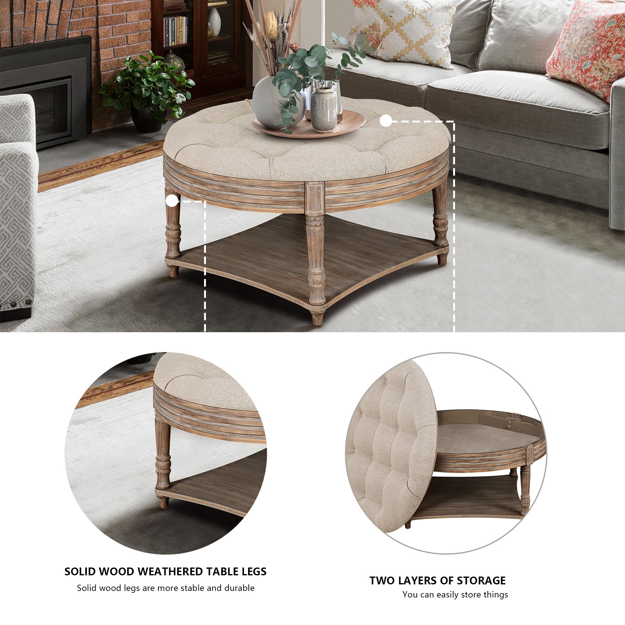 koorbiir ta2 Large Round Waterproof Ottoman Coffee Table with 2 - Tier Wooden Shelf ¨C Oversized Button Tufted Upholstered Footstool Ottoman, Farmhouse Style Table Linens (Light Gray) for Living Room - Koorbiir