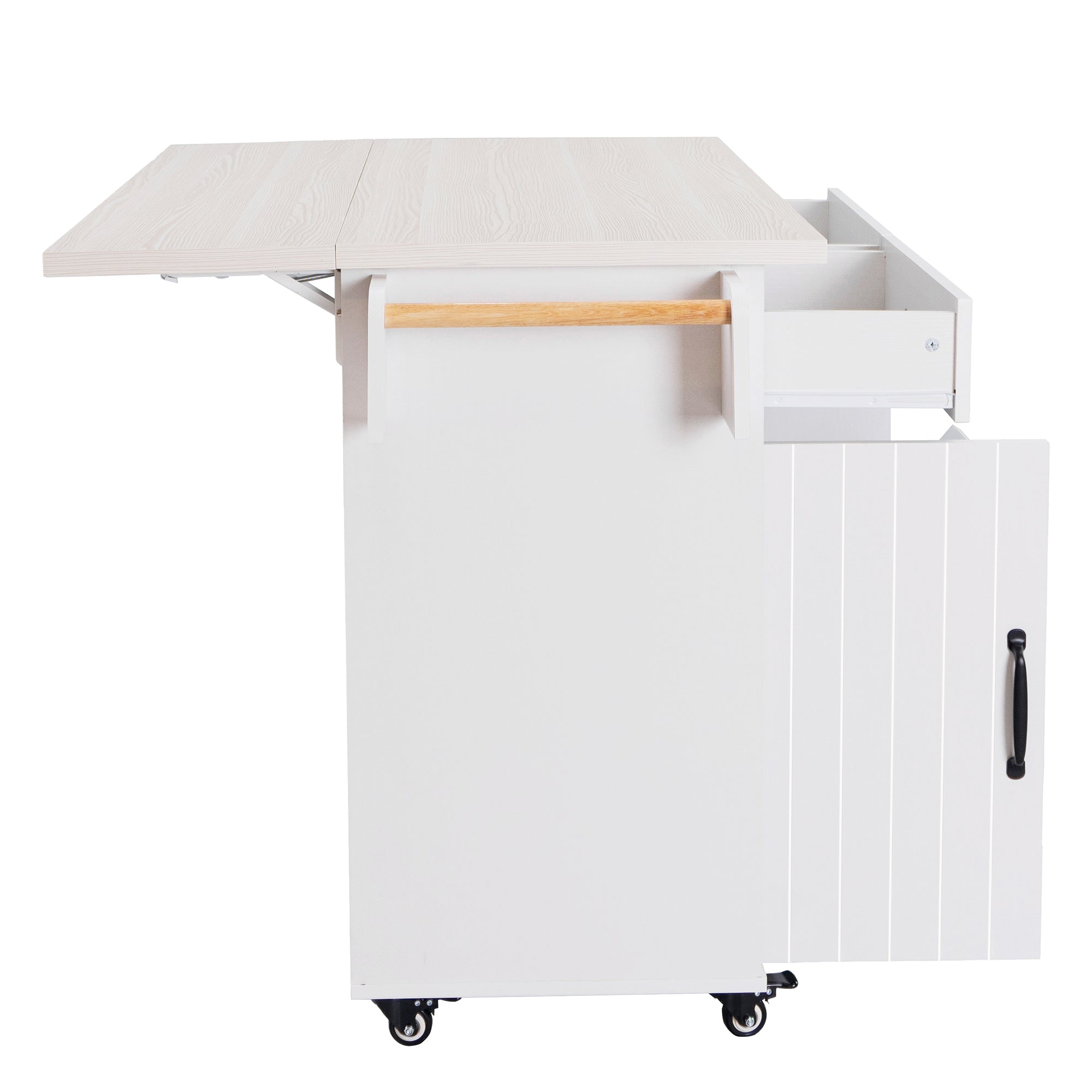 koorbiir k3 K&K Kitchen Island with Trash Can Storage, Drop Leaf Countertop, Spice & Towel Rack, Drawer Cabinet ¨C Rolling Kitchen Cart with Adjustable Shelves for Kitchen Storage, White