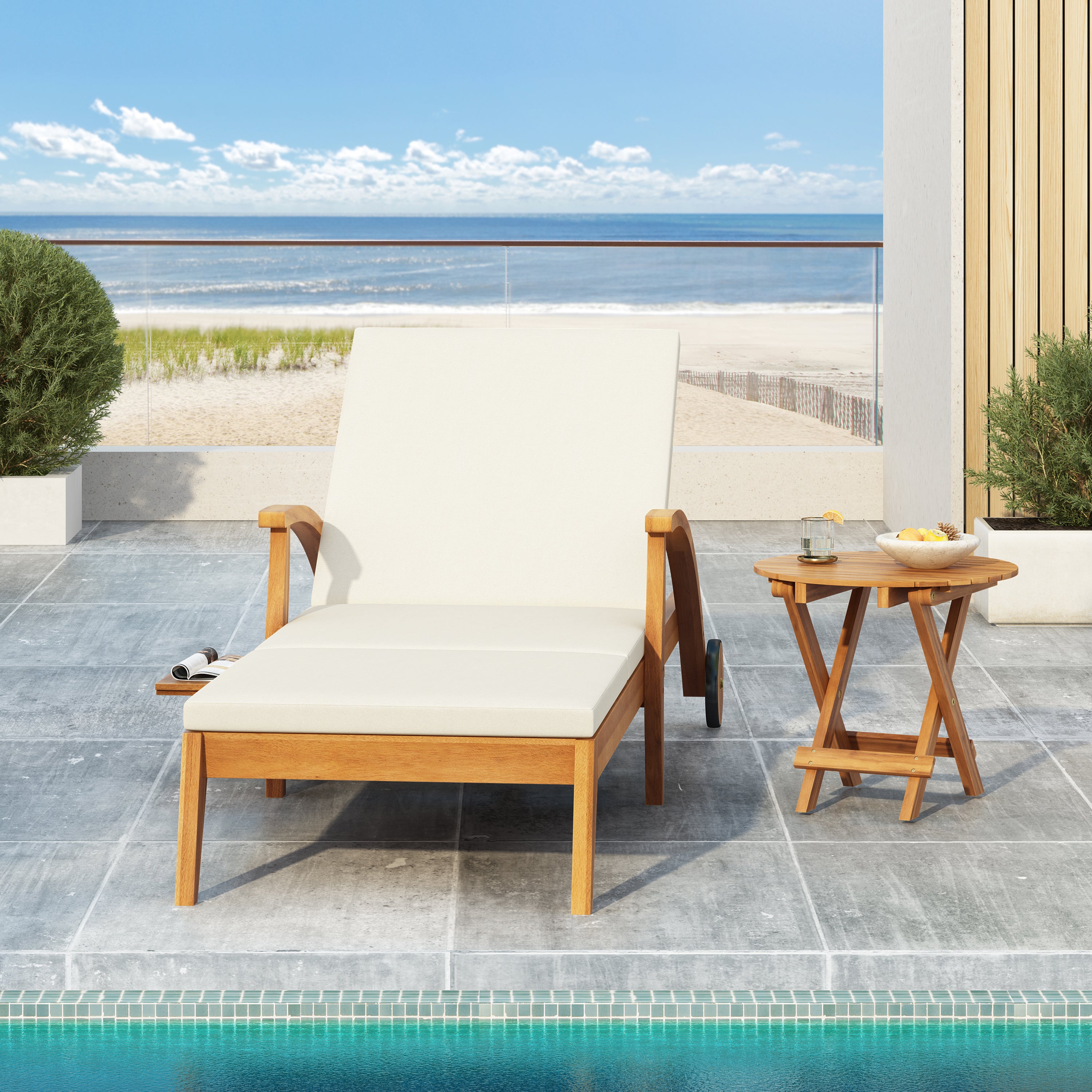koorbiir f2 Foldable Table ¨C No Installation Needed, Adjustable Outdoor Acacia Wood Side Table in Teak Finish